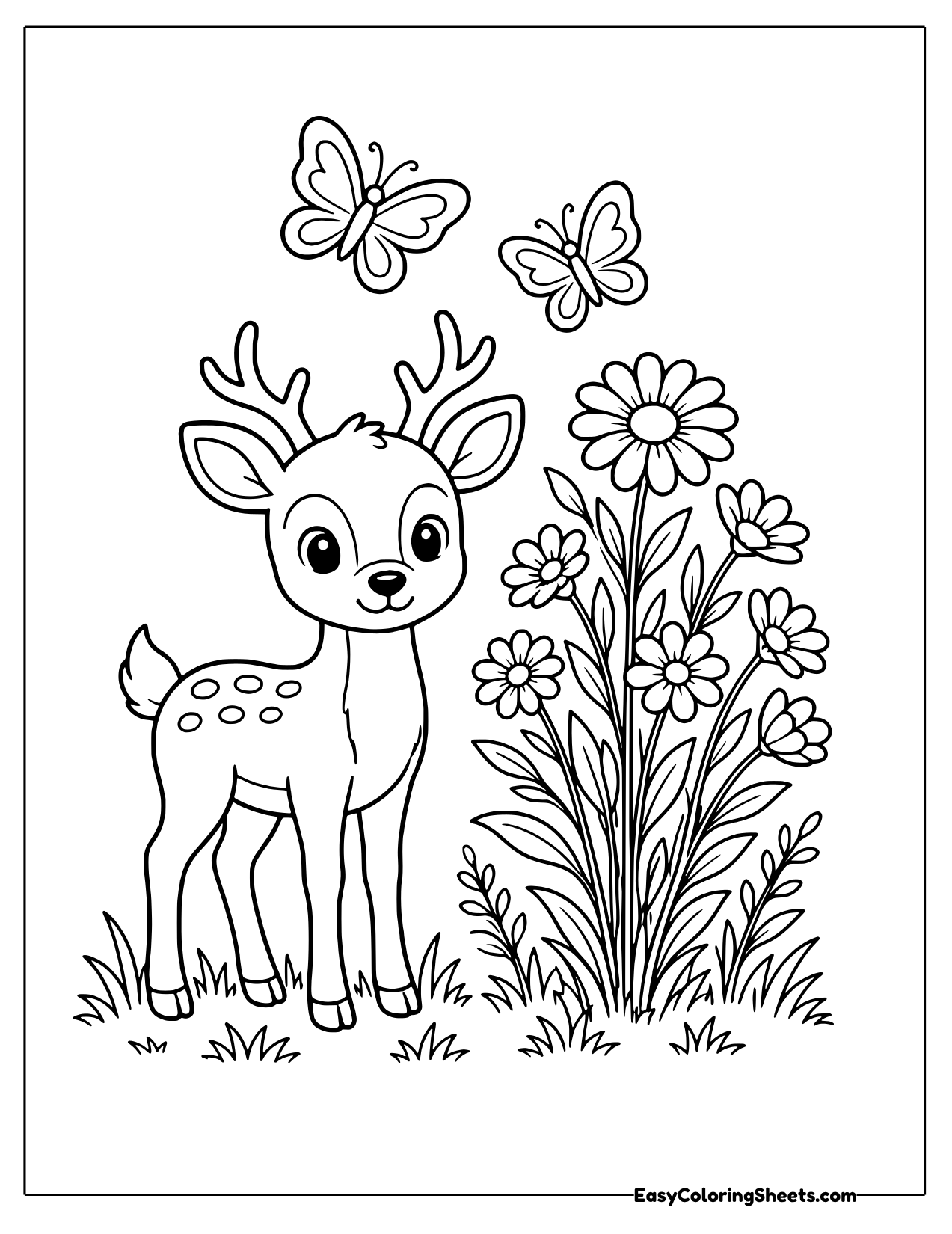 Fawn beside a tall stack of flowers