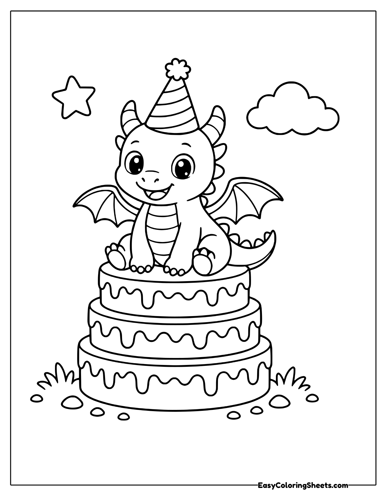 Dragon in a party hat on a birthday cake