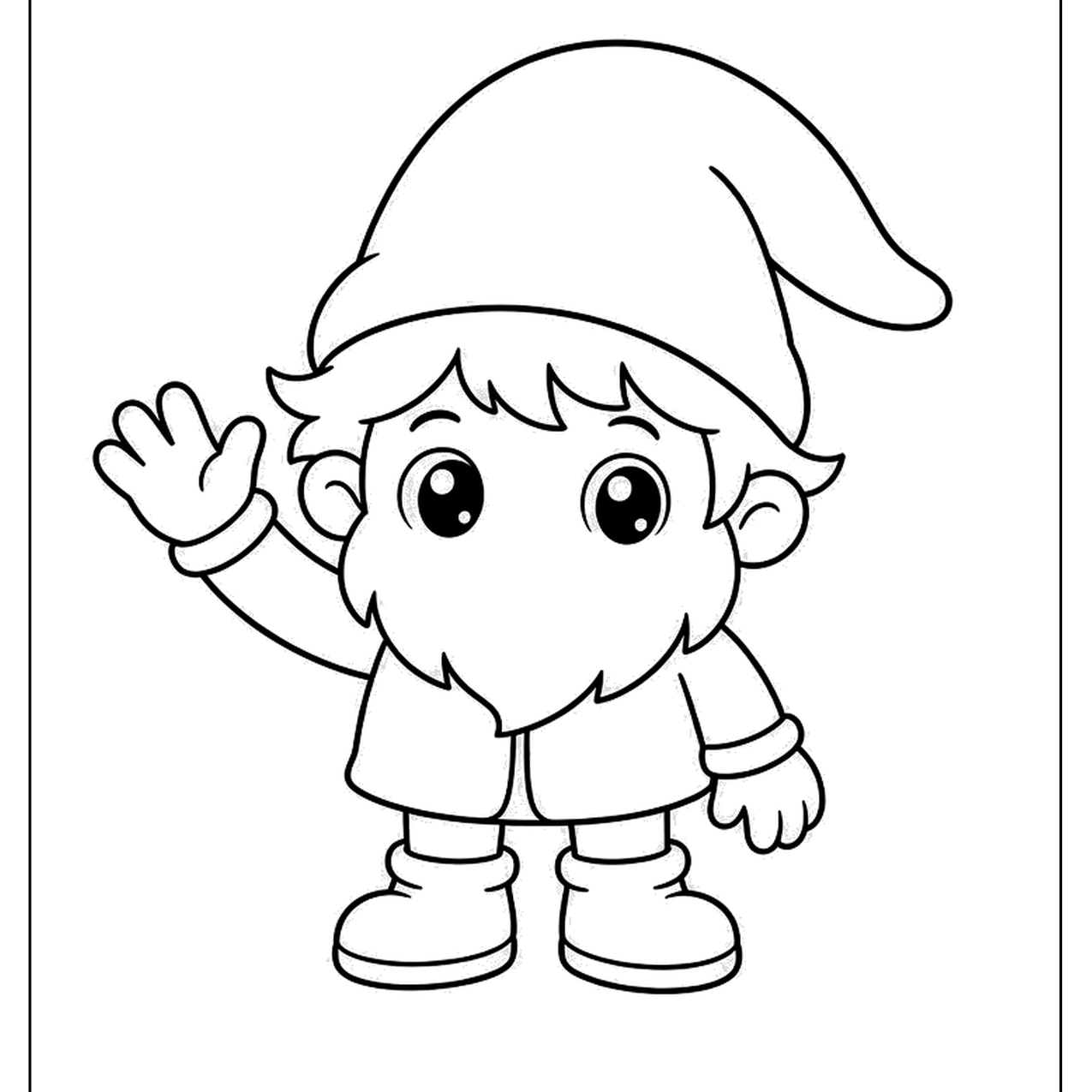 Little gnome in a pointed hat waving hello