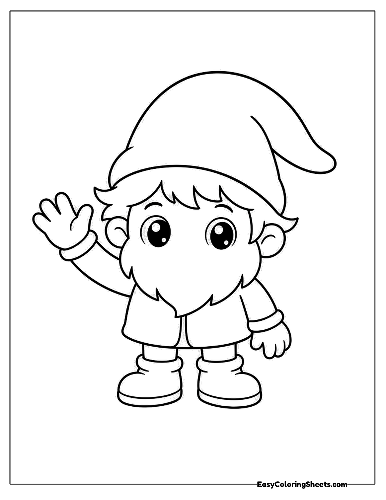 Little gnome in a pointed hat waving hello