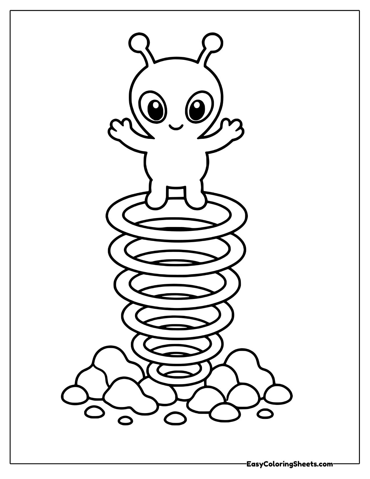 Alien standing on top of a stacked coil spring