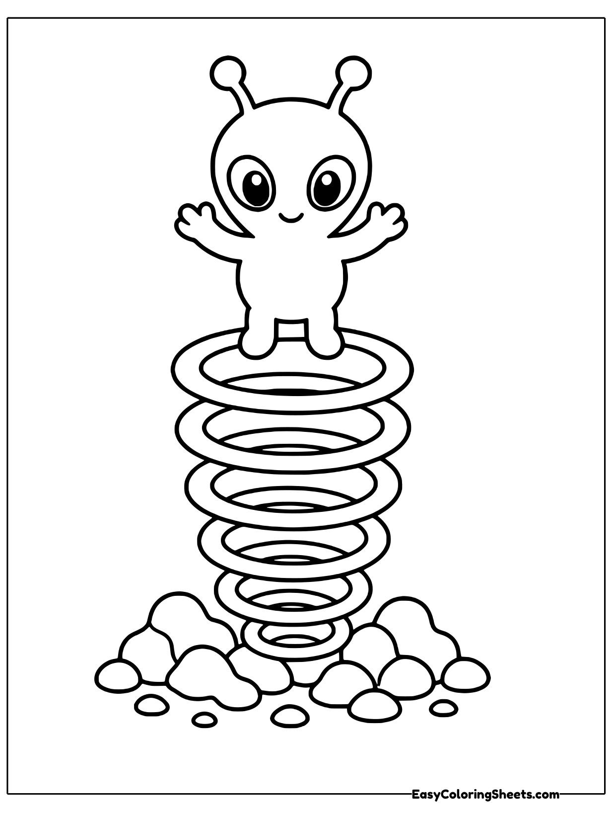 A cheerful alien with antennae stands on top of a tall stacked coil that looks like a giant spring.