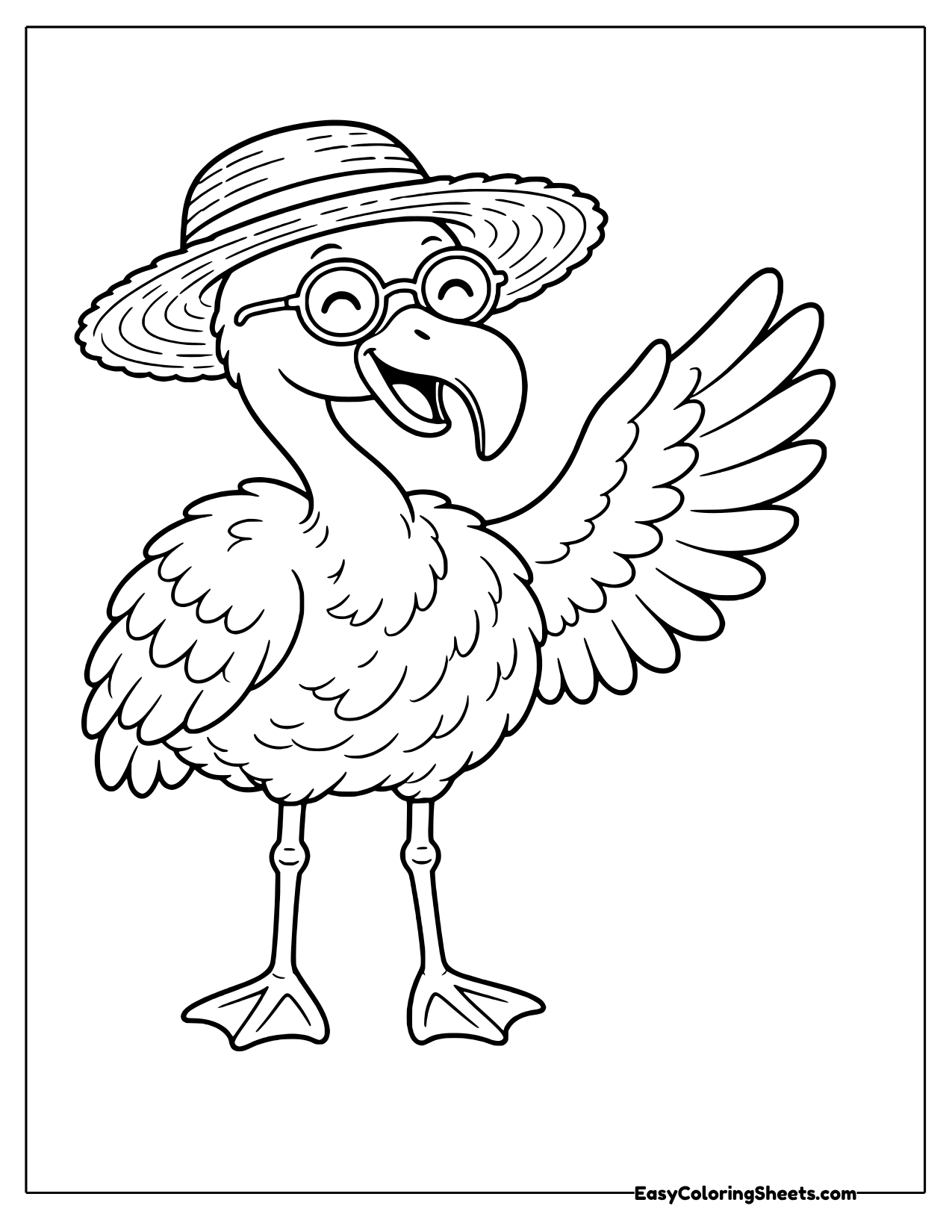 Flamingo in sunglasses and a wide straw sun hat