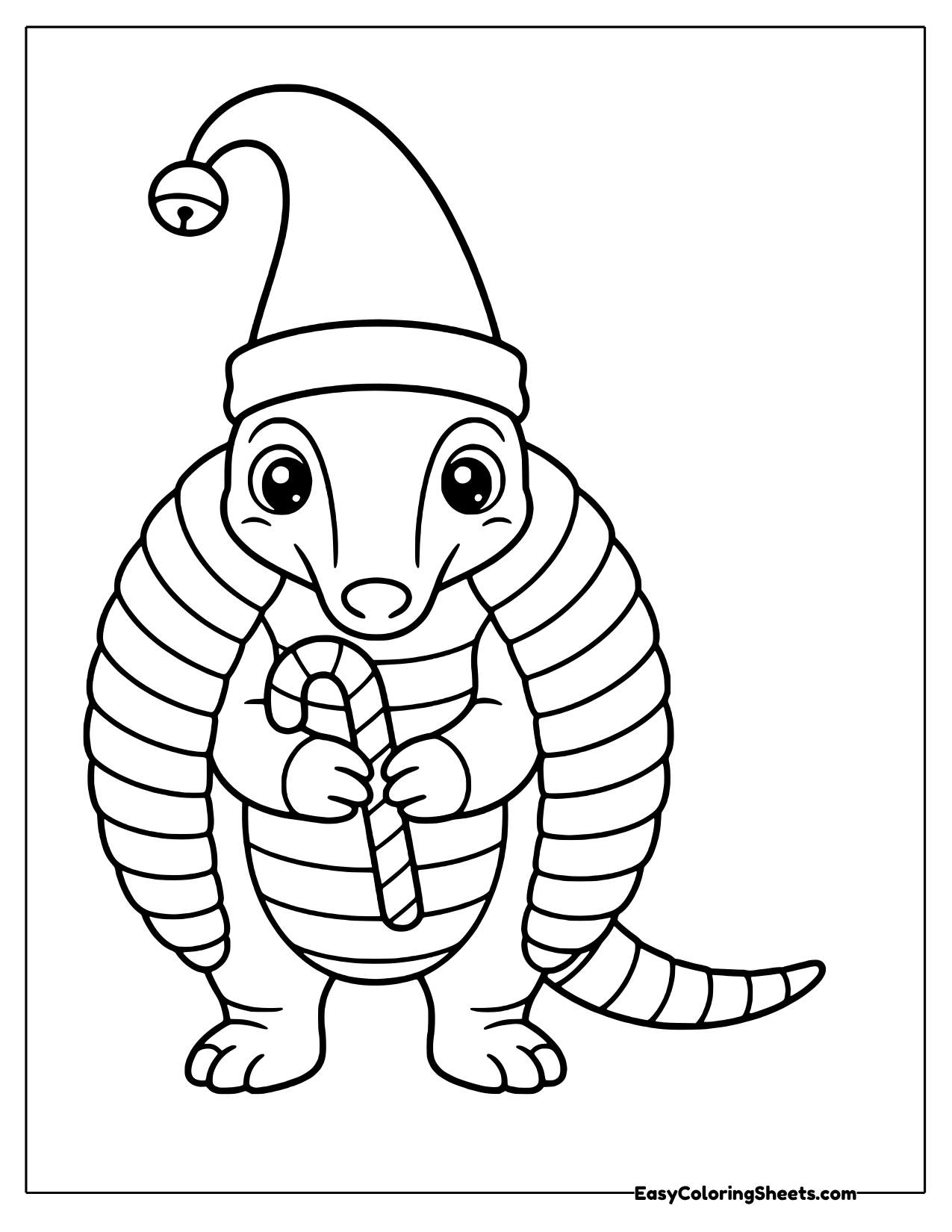 Armadillo Christmas elf in a bell-tipped hat holding a candy cane