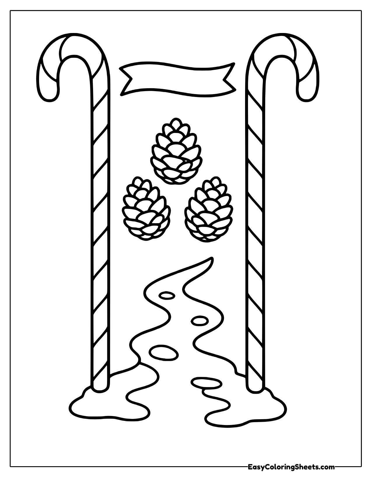 Two tall candy canes stand like gate posts on either side of a path, with pinecones and a pennant hanging between them.