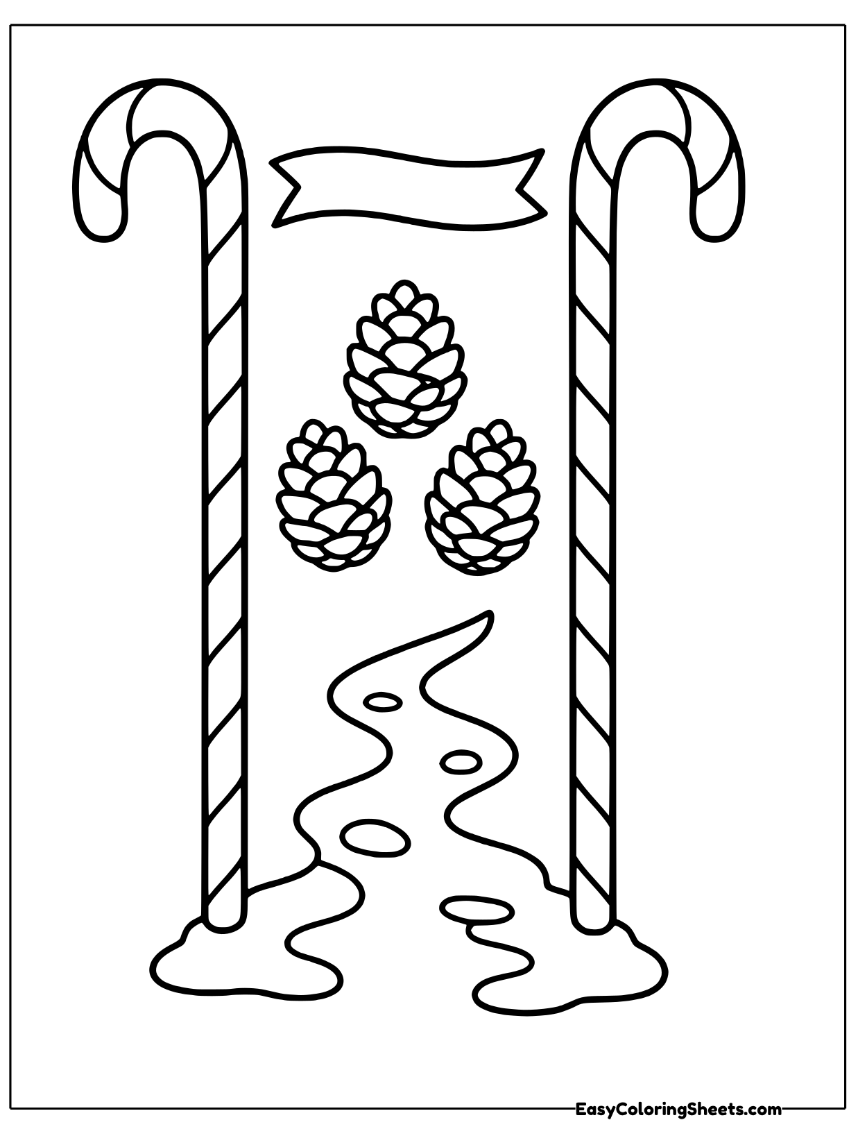 Two tall candy canes stand like gate posts on either side of a path, with pinecones and a pennant hanging between them.