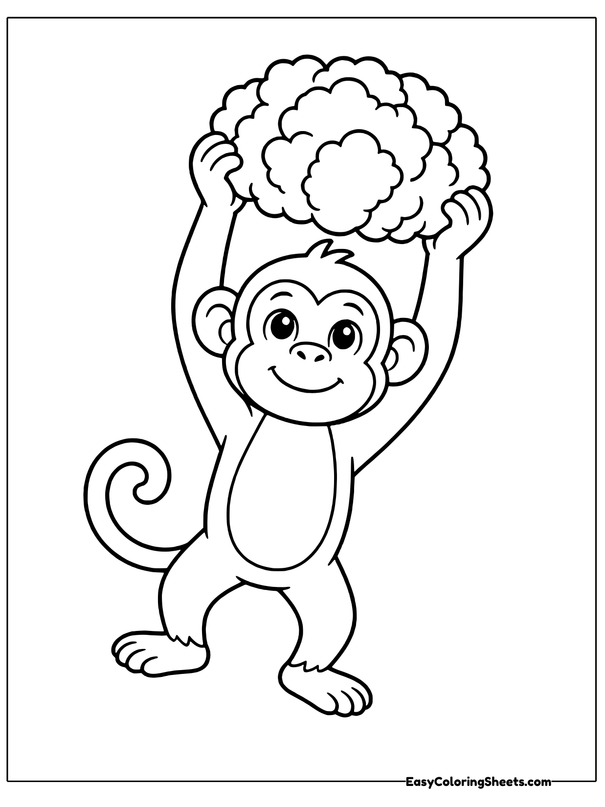 A smiling monkey lifts a big, round, bumpy cauliflower high over its head, proud of its fresh garden find.