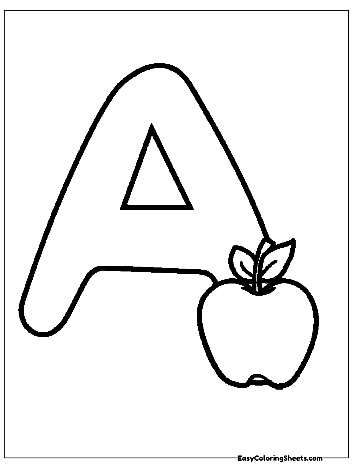 A tall letter A stands beside a shiny apple with a leaf on its stem.