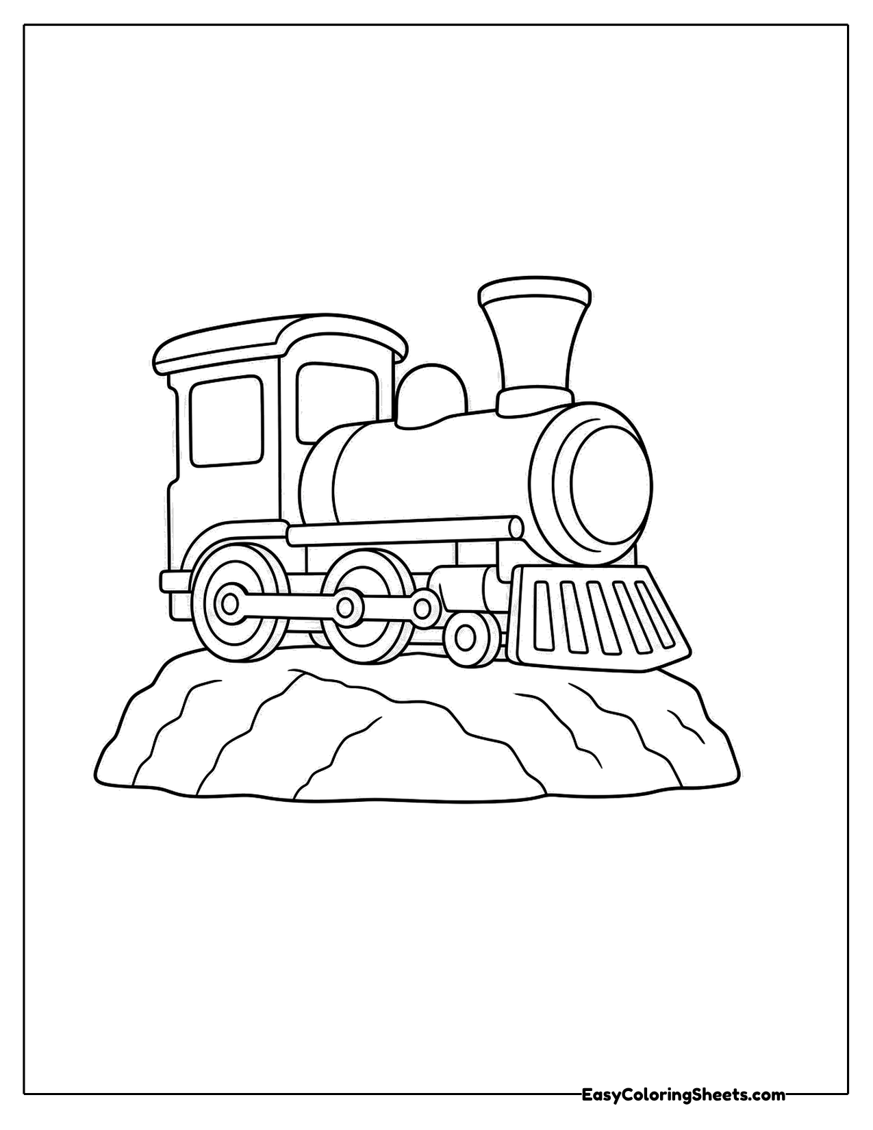 A small steam locomotive rests atop a lumpy rocky mound.