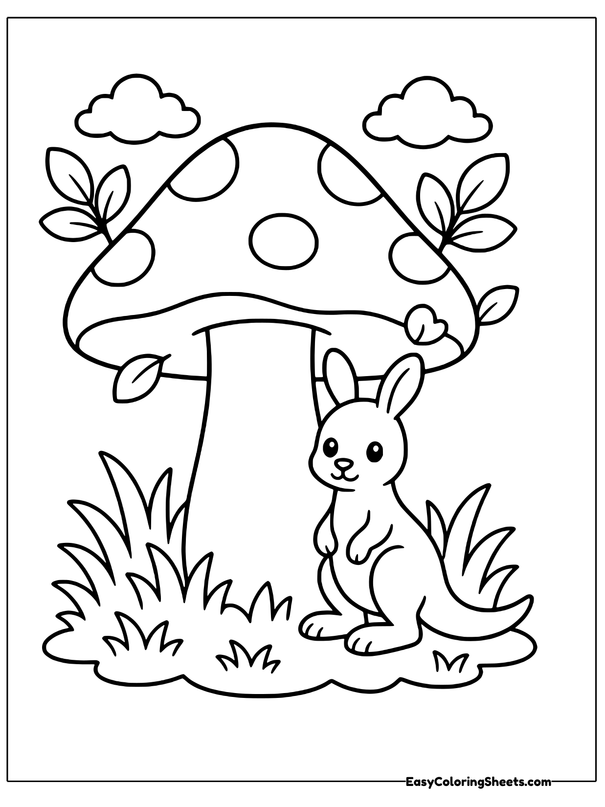 A small kangaroo stands beneath a huge spotted mushroom cap as if using it for shade.