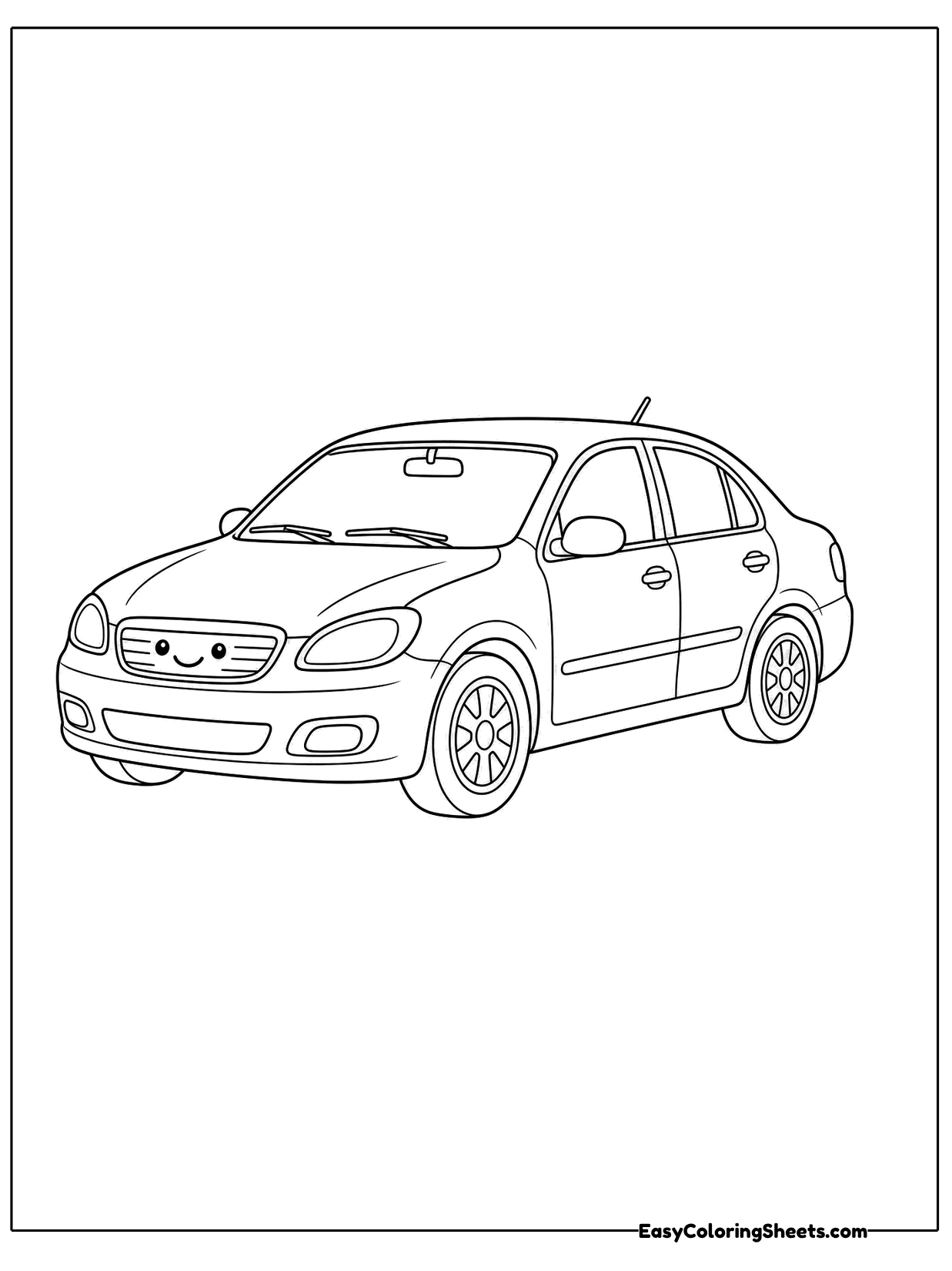 A four door sedan is drawn in a realistic style with a long hood, sleek windows and detailed wheels.