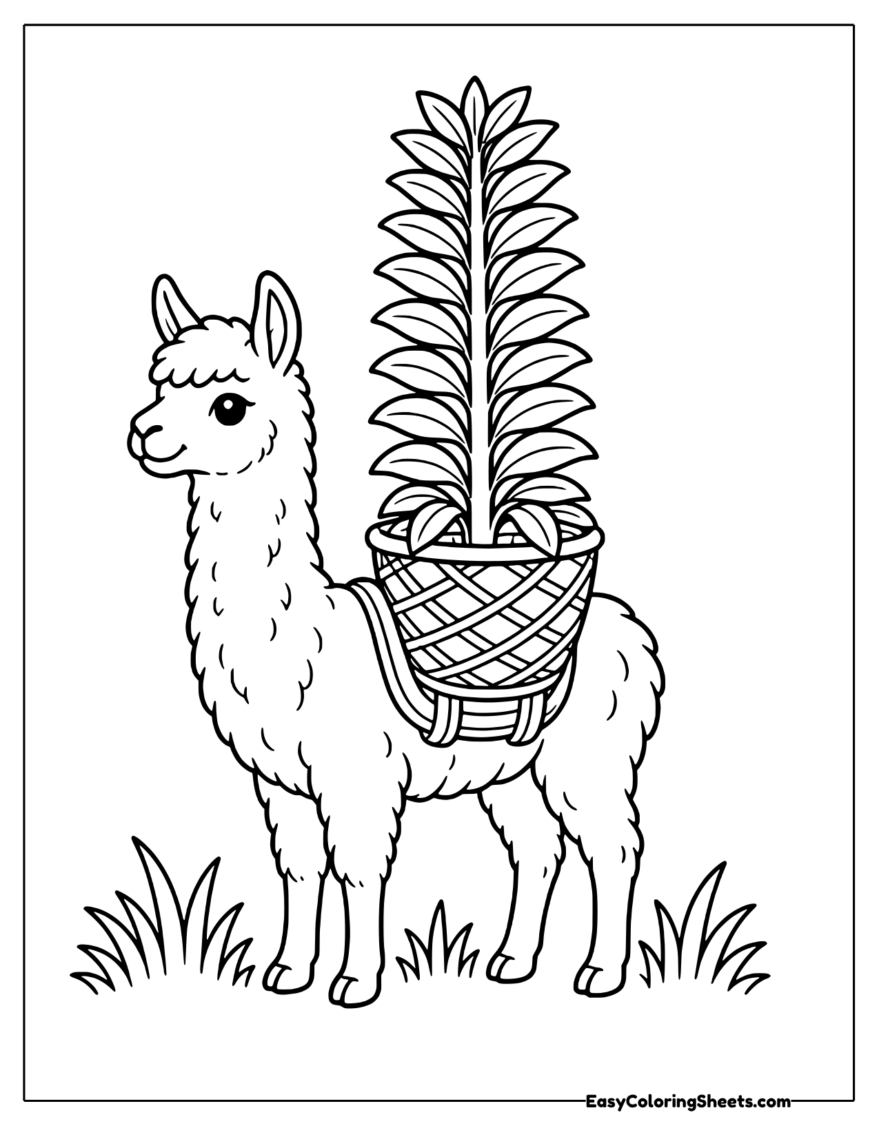 Llama carrying a tall potted plant in a basket