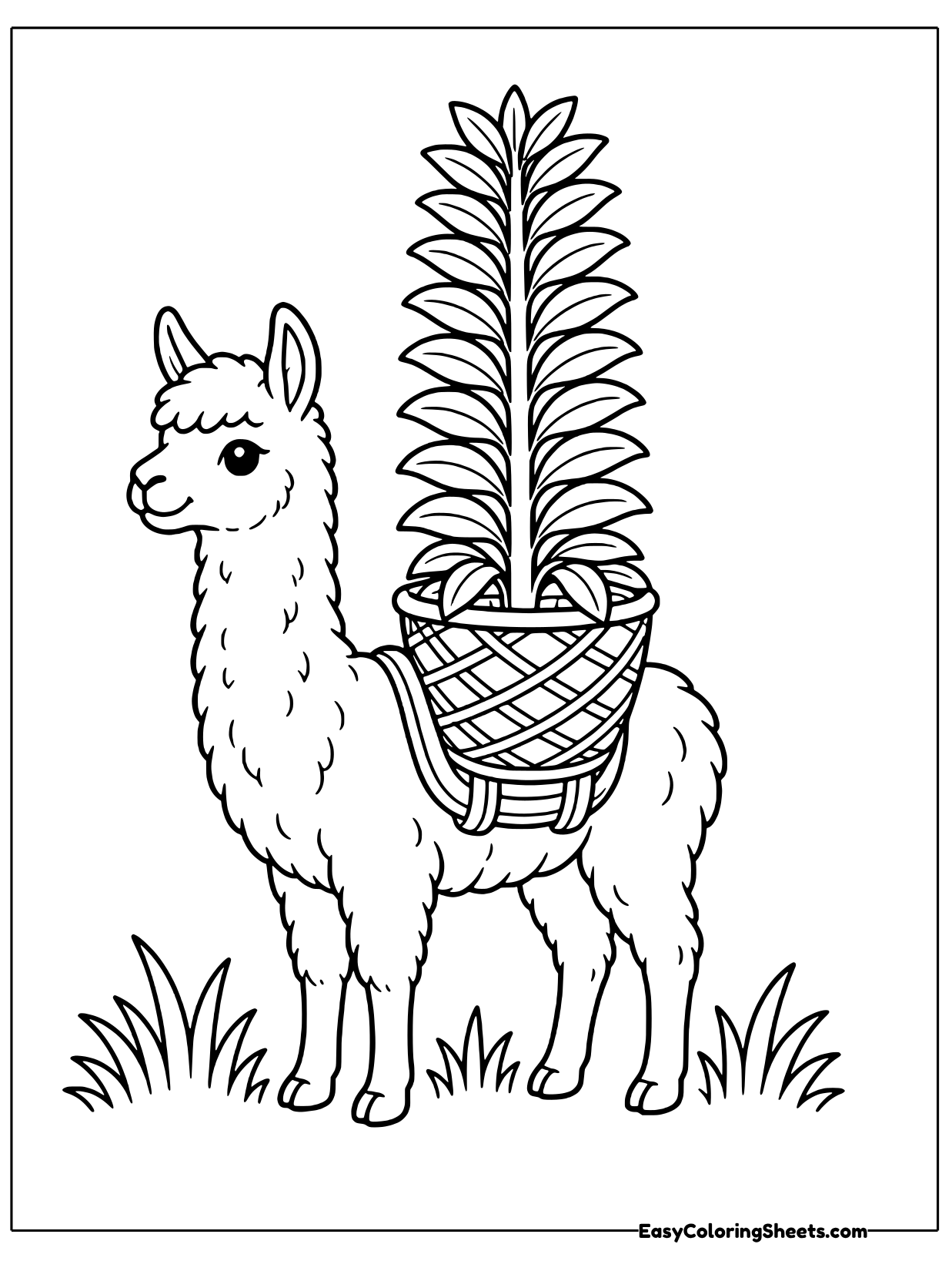A woolly llama stands on grass with a woven basket strapped to its side holding a tall leafy plant.