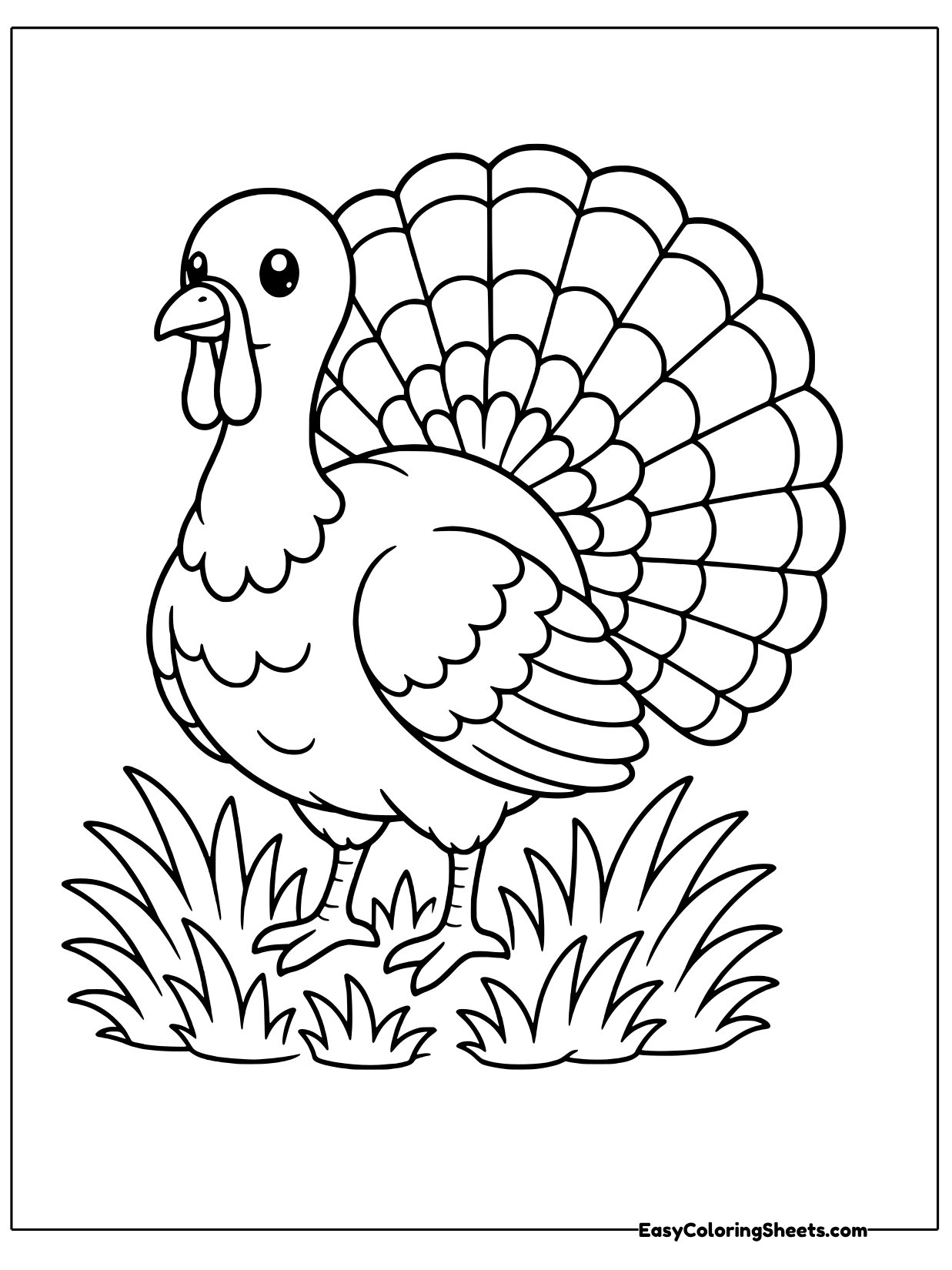 A realistic turkey stands in profile with a long dangling wattle, a snood over its beak and a fully fanned tail.