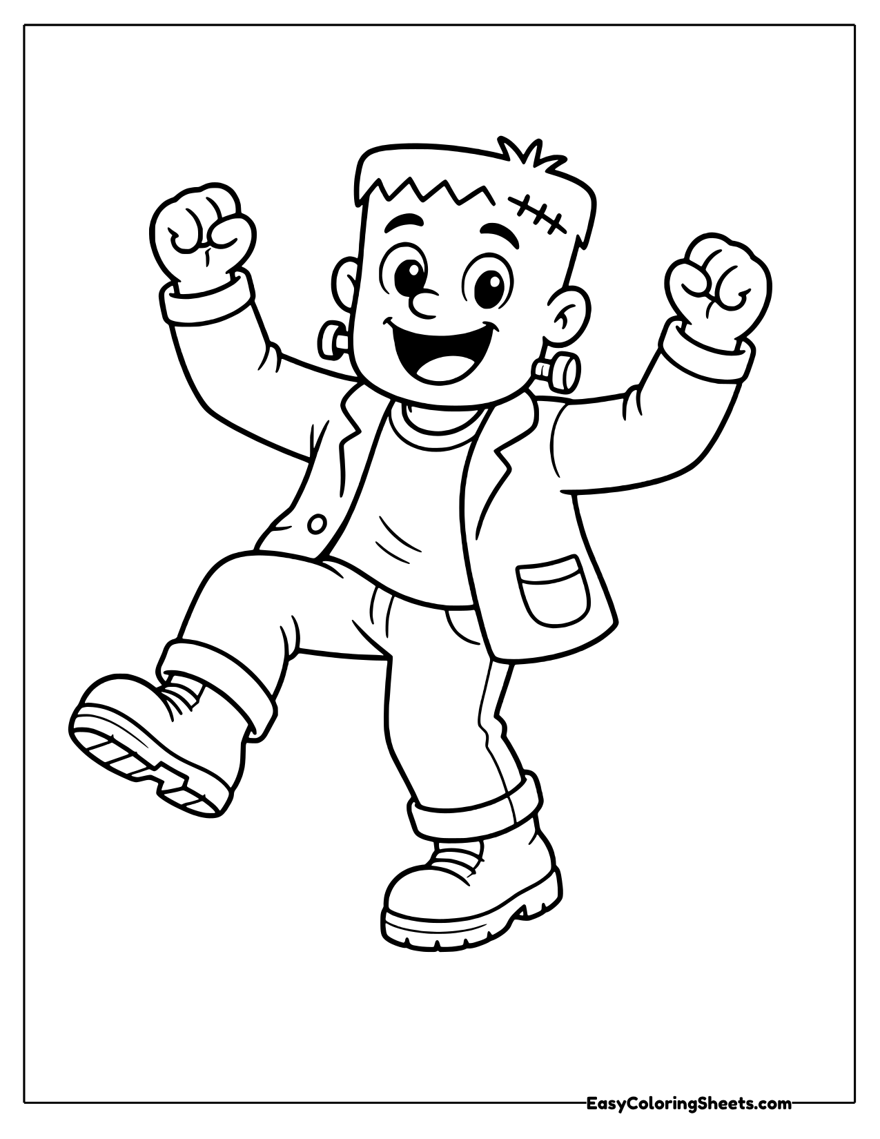 Happy monster with neck bolts dancing with fists in the air