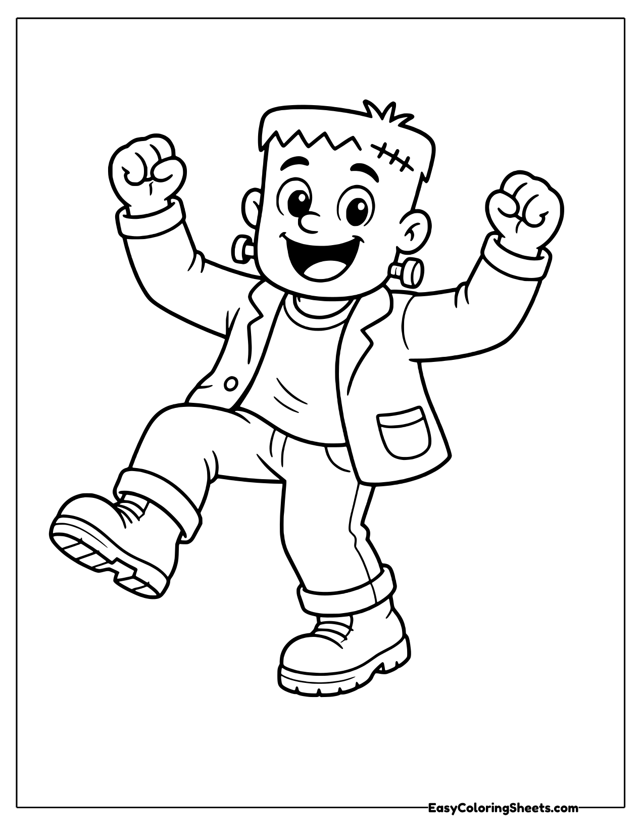 Happy monster with neck bolts dancing with fists in the air