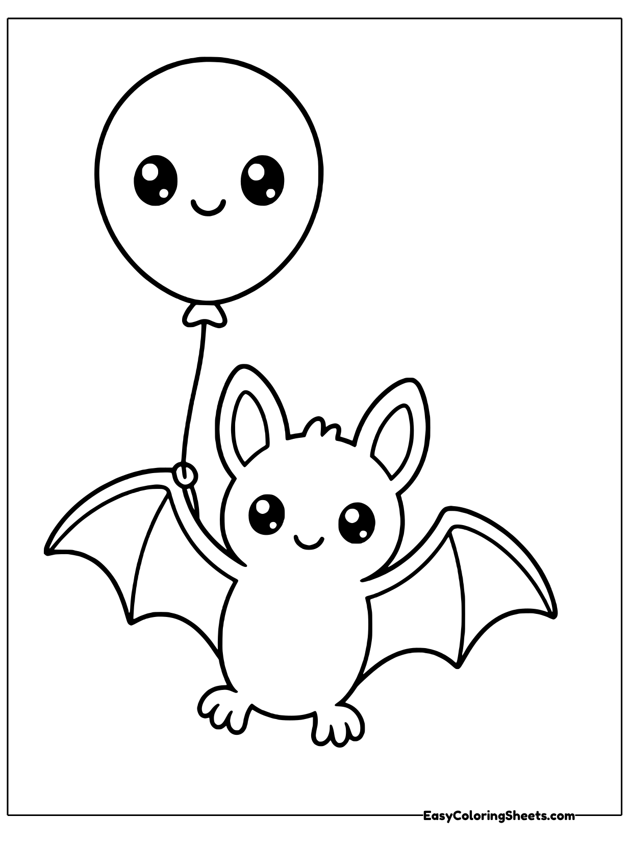 A cute bat holds the string of a round smiling balloon with its wings spread below.