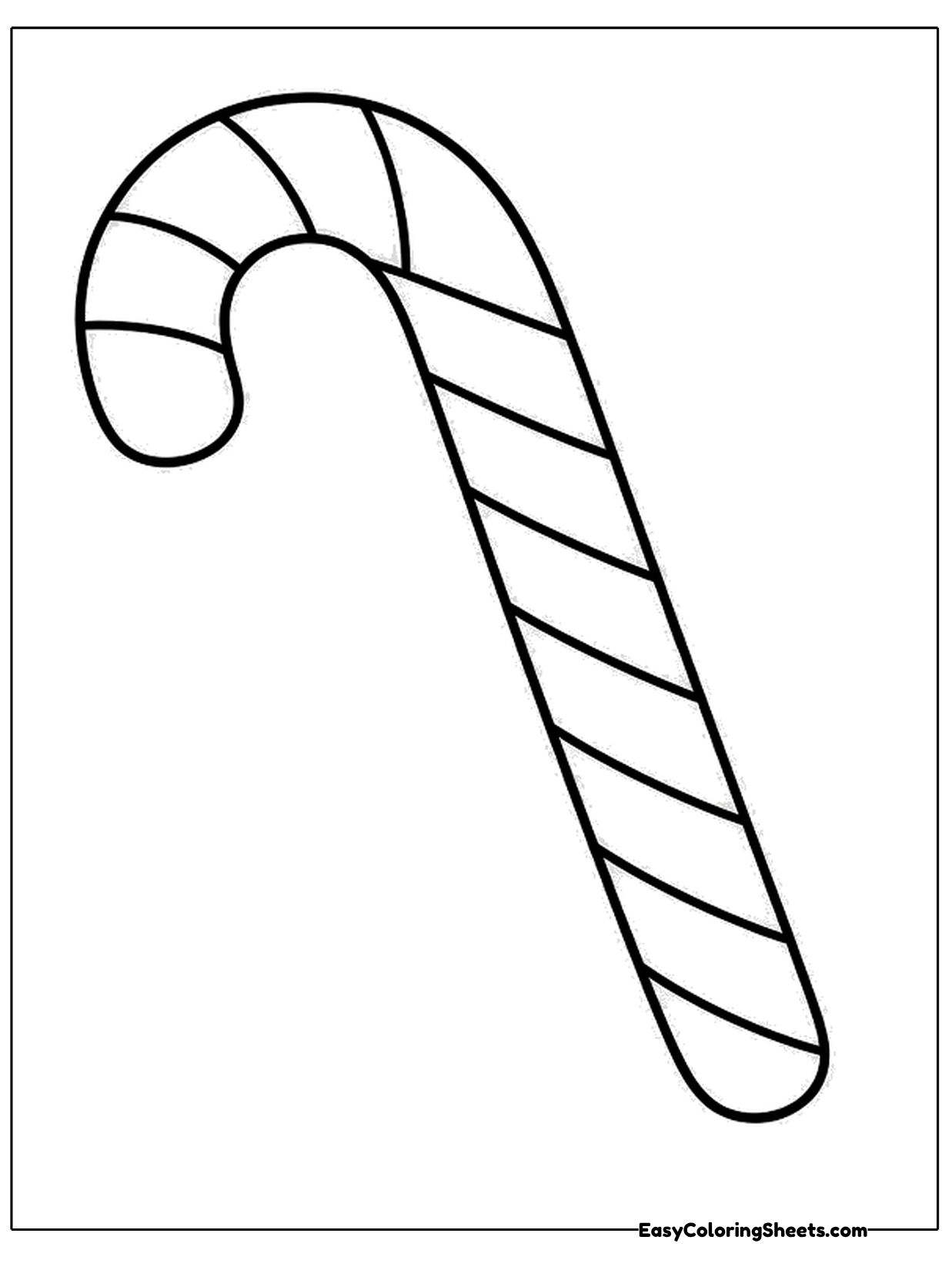 A simple chunky candy cane with wide stripes leans across the page in thick, easy lines.