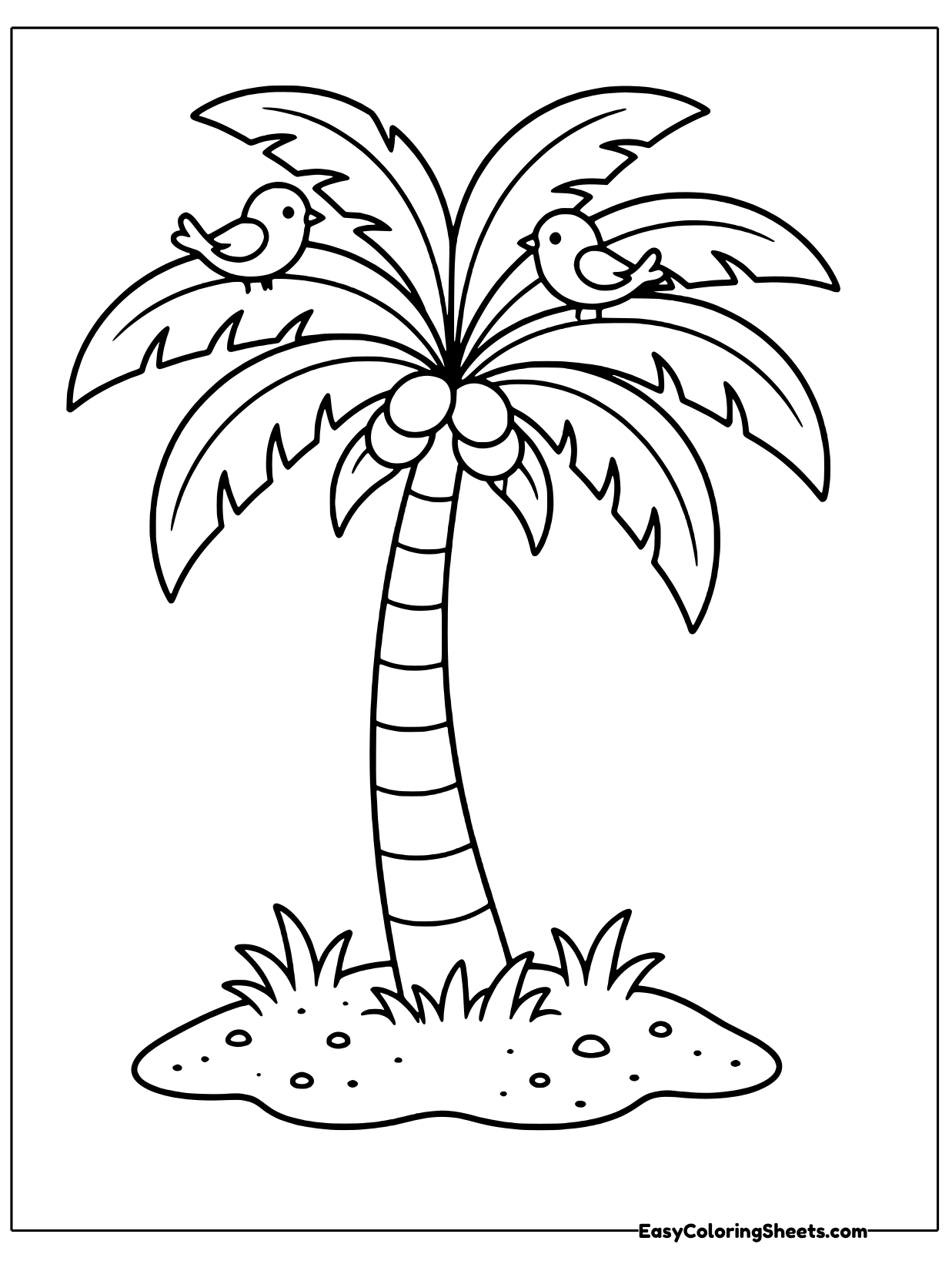 A tall palm tree with a curved trunk and wide fronds holds a cluster of coconuts and a small bird.