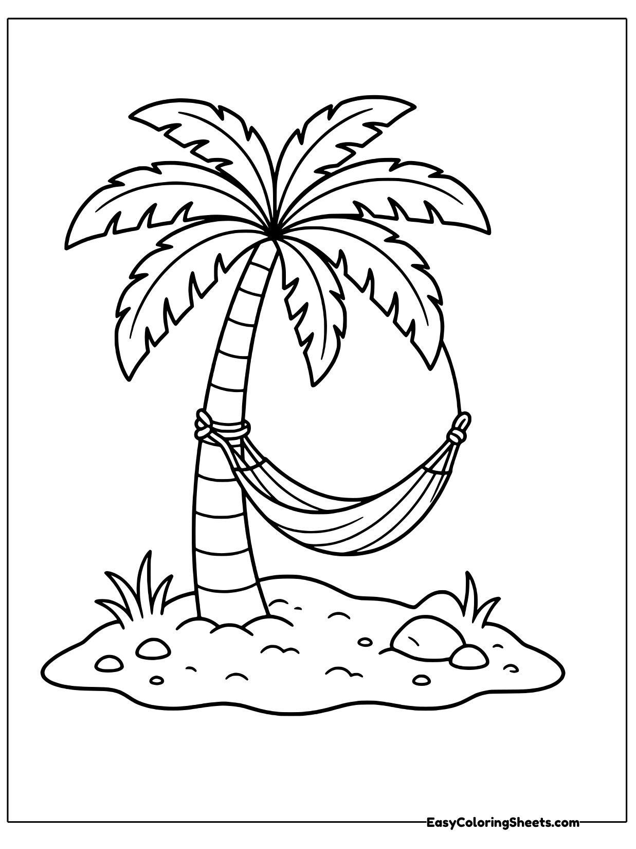 A hammock hangs from a palm tree on a small sandy island.