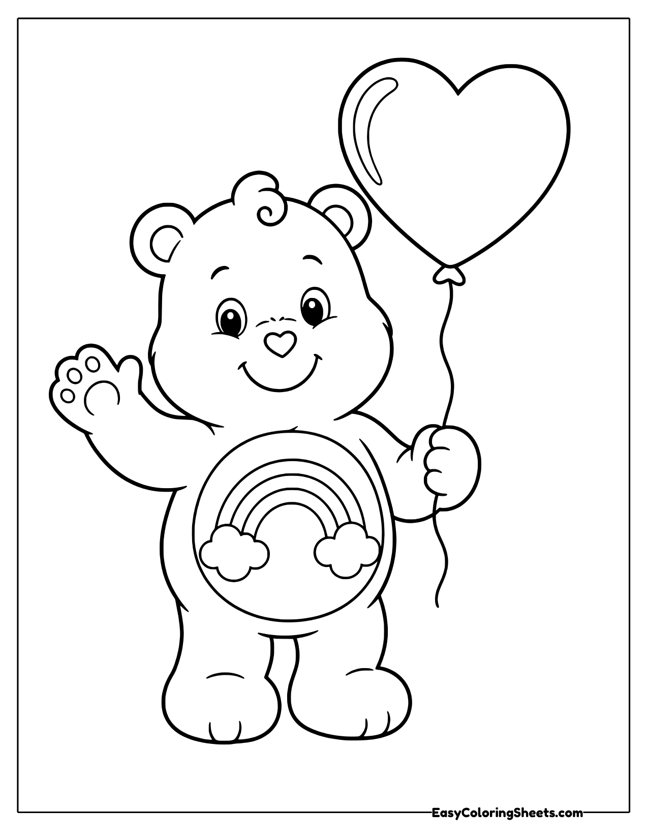 Care Bear with a rainbow belly badge waving one paw and holding a heart shaped balloon