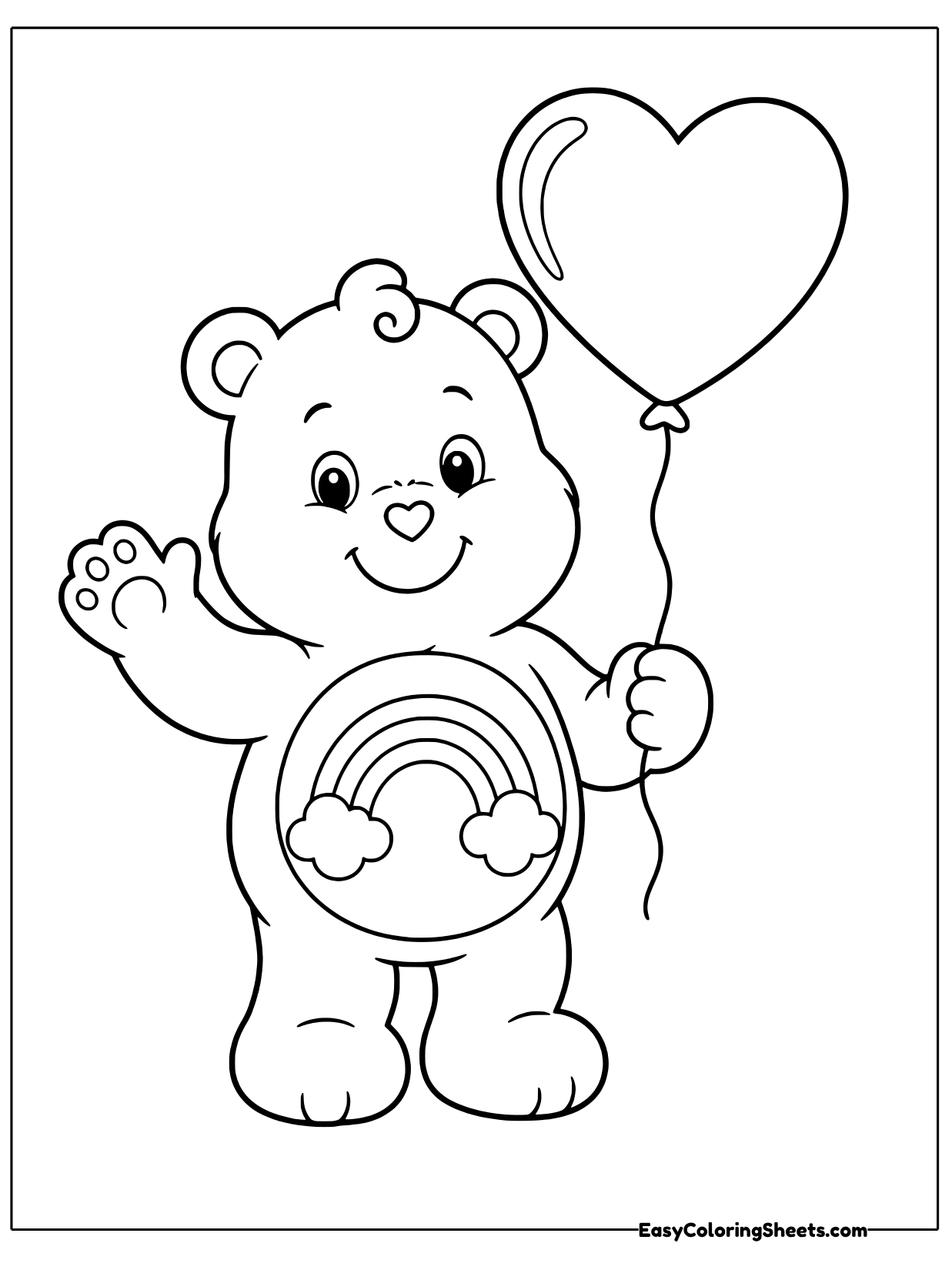 This friendly Care Bear waves hello while holding a big heart shaped balloon on a curly string.