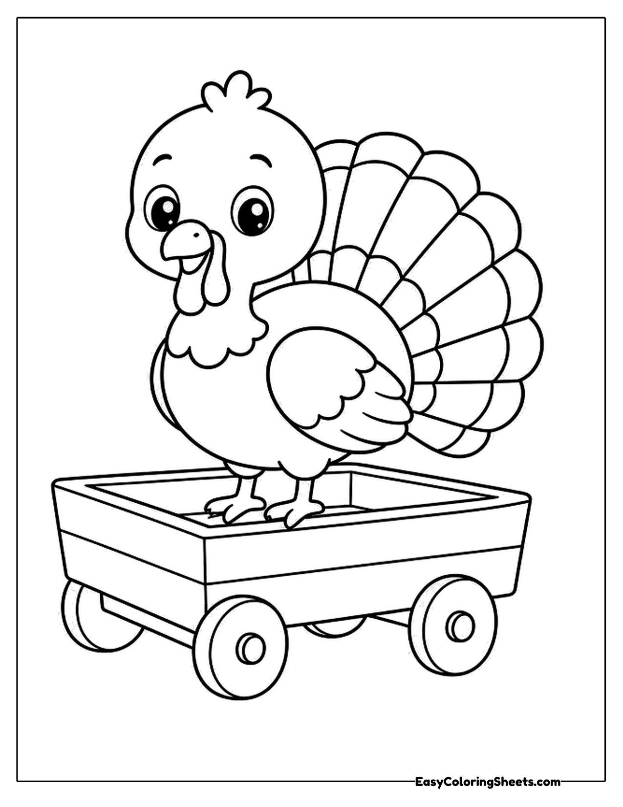Cartoon turkey standing in a wooden wagon