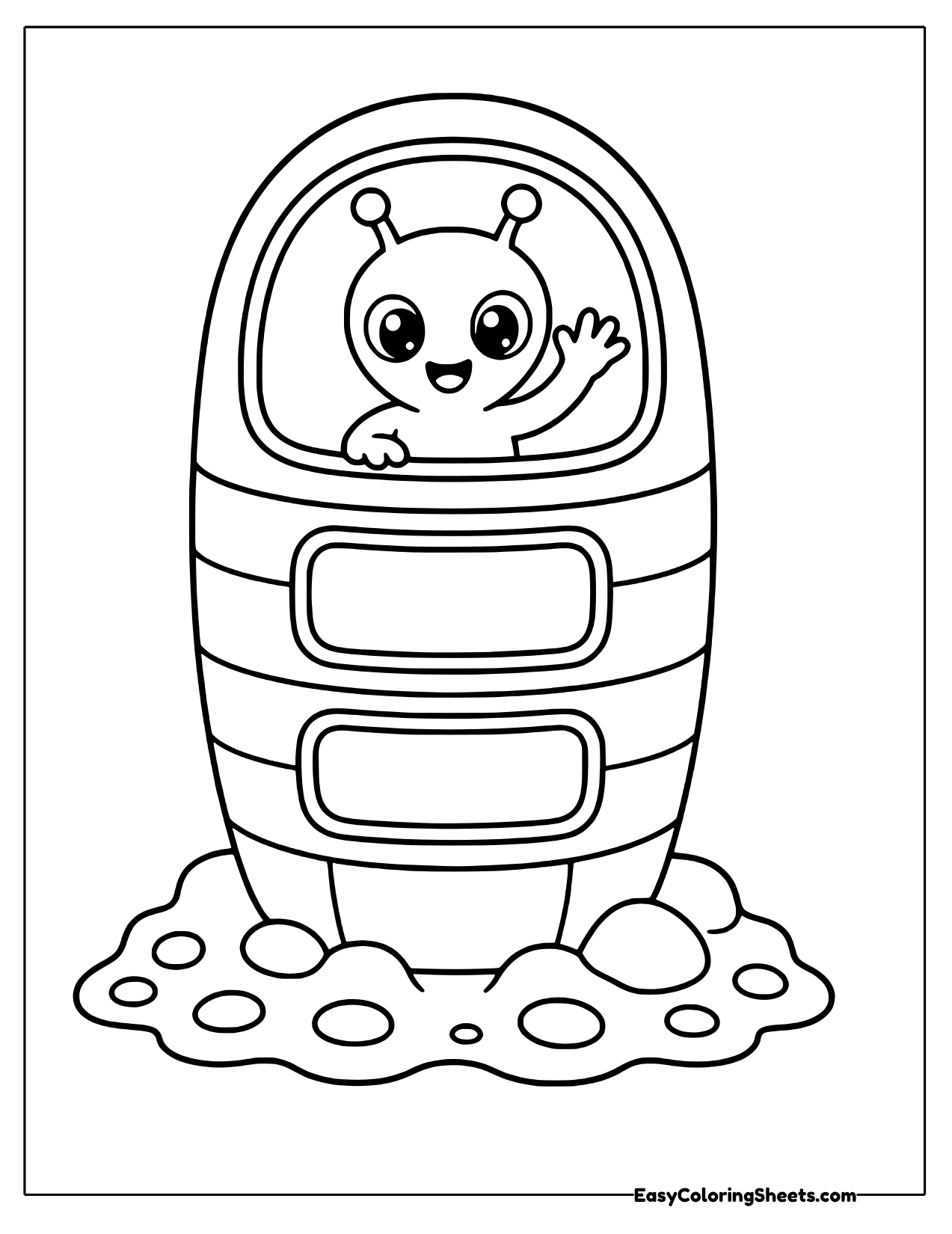 Alien waving from the window of a rounded spaceship