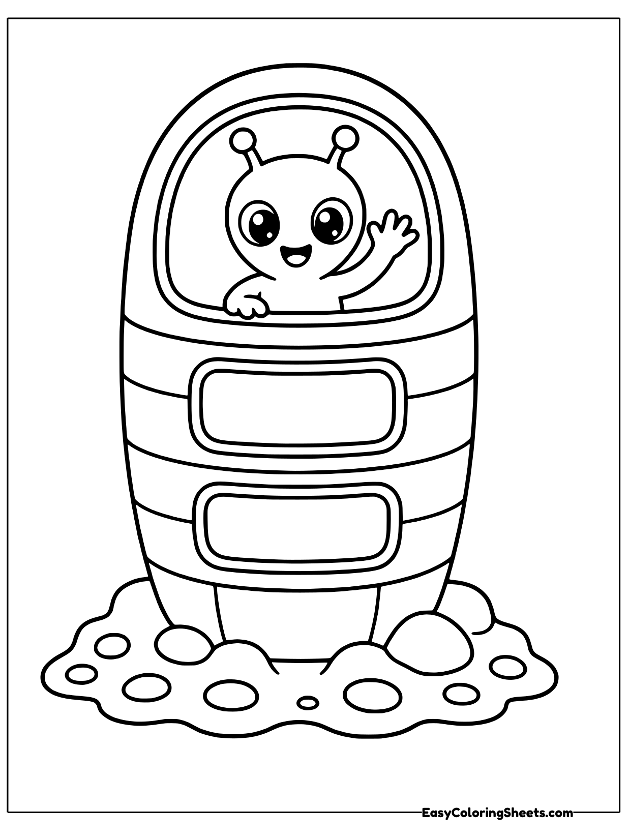 An alien waves through the round window of a capsule spaceship with striped panels on its body, resting on a rocky surface.
