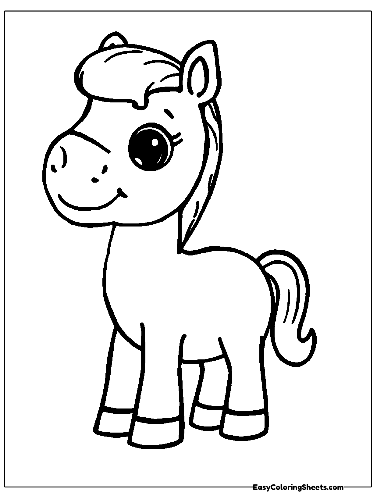 This easy pony is drawn with thick bold outlines, a short spiky mane, big eyes and a curly tail.
