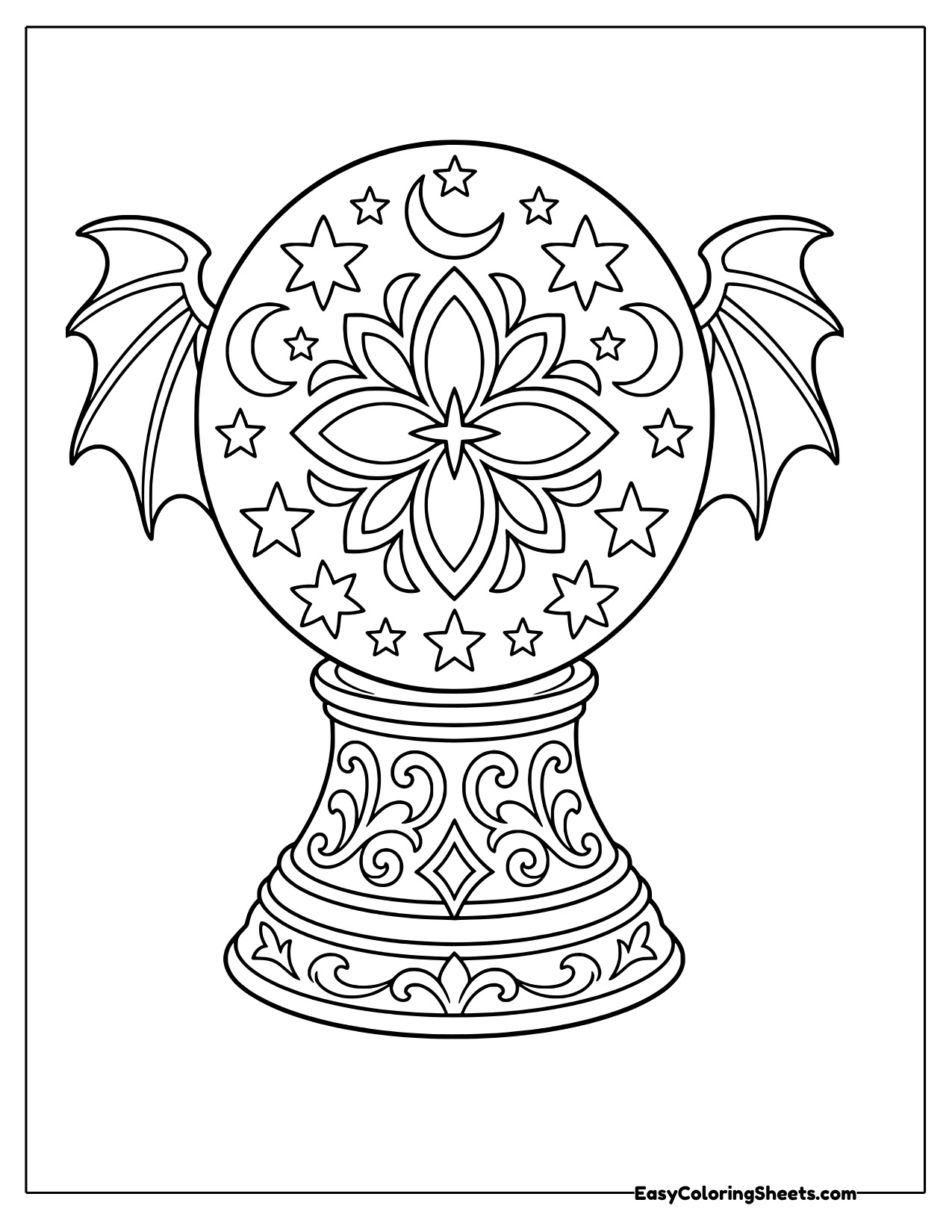 Crystal ball mandala with bat wings, stars and moons on a carved scroll stand