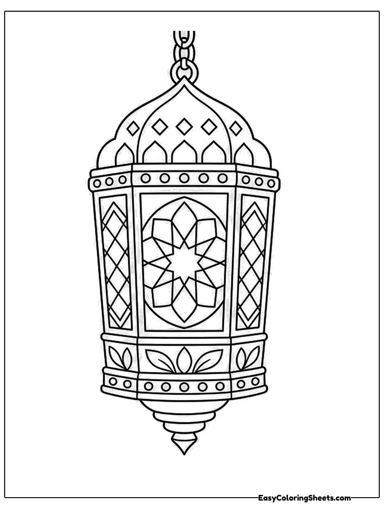 A tall decorative lantern with patterned glass panels and a hanging loop fills the page.