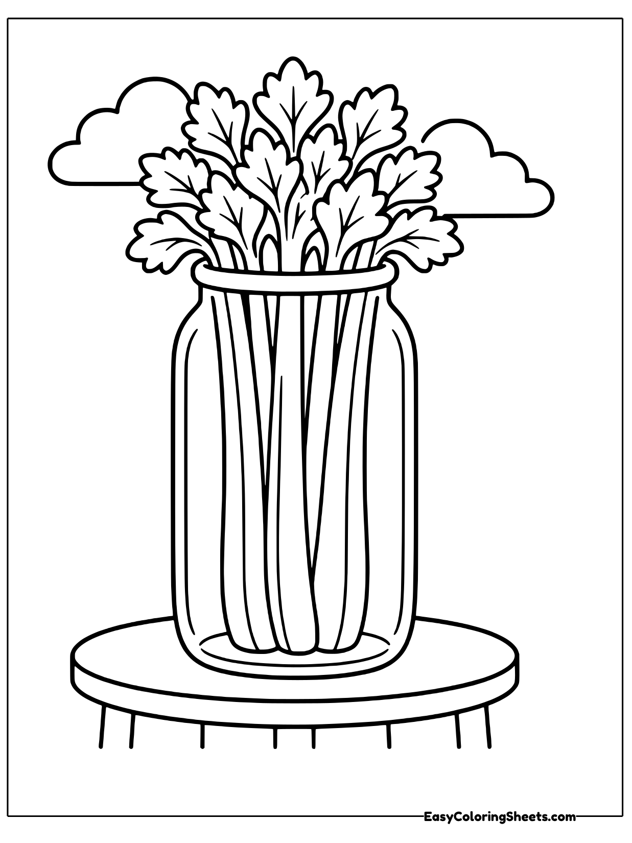 Long celery stalks stand in a tall glass jar on a round table with leafy tops spreading out above.