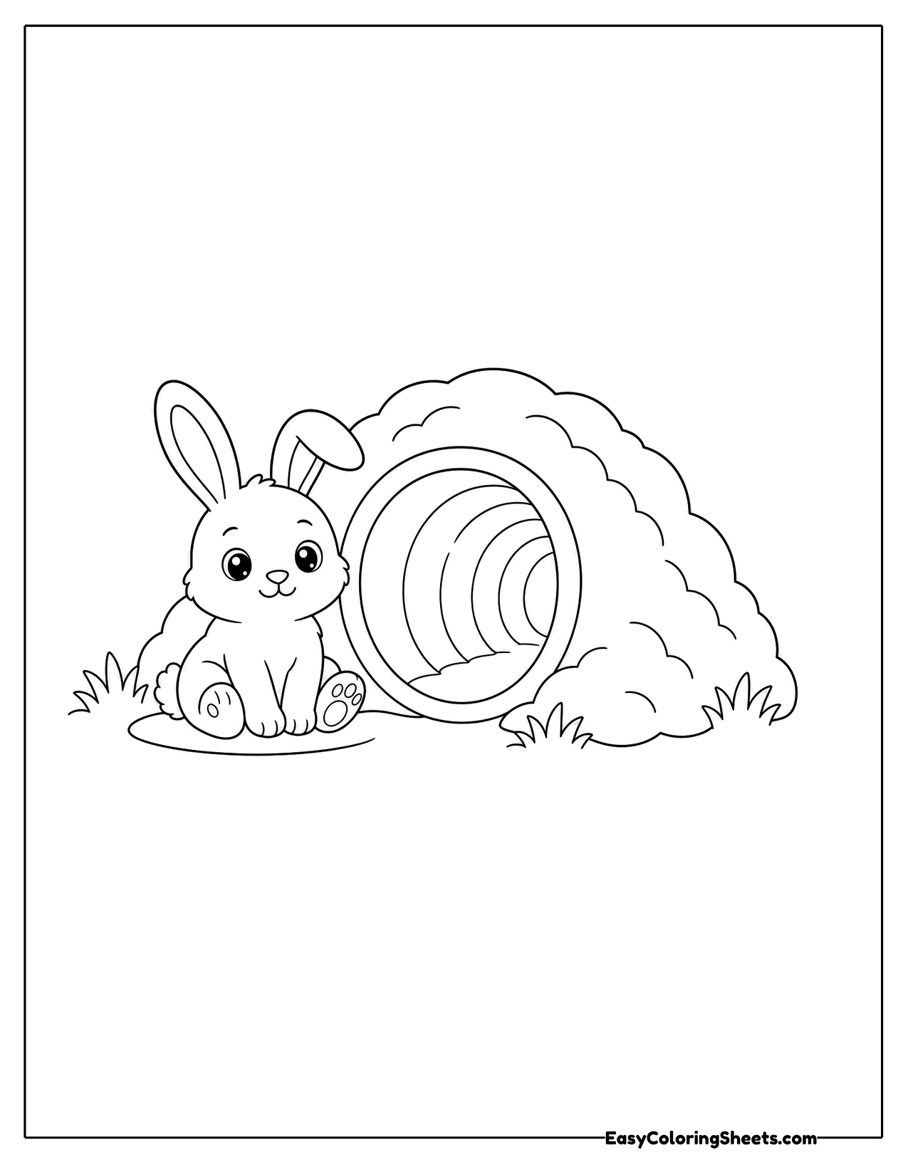 Rabbit sitting in front of the entrance to its burrow
