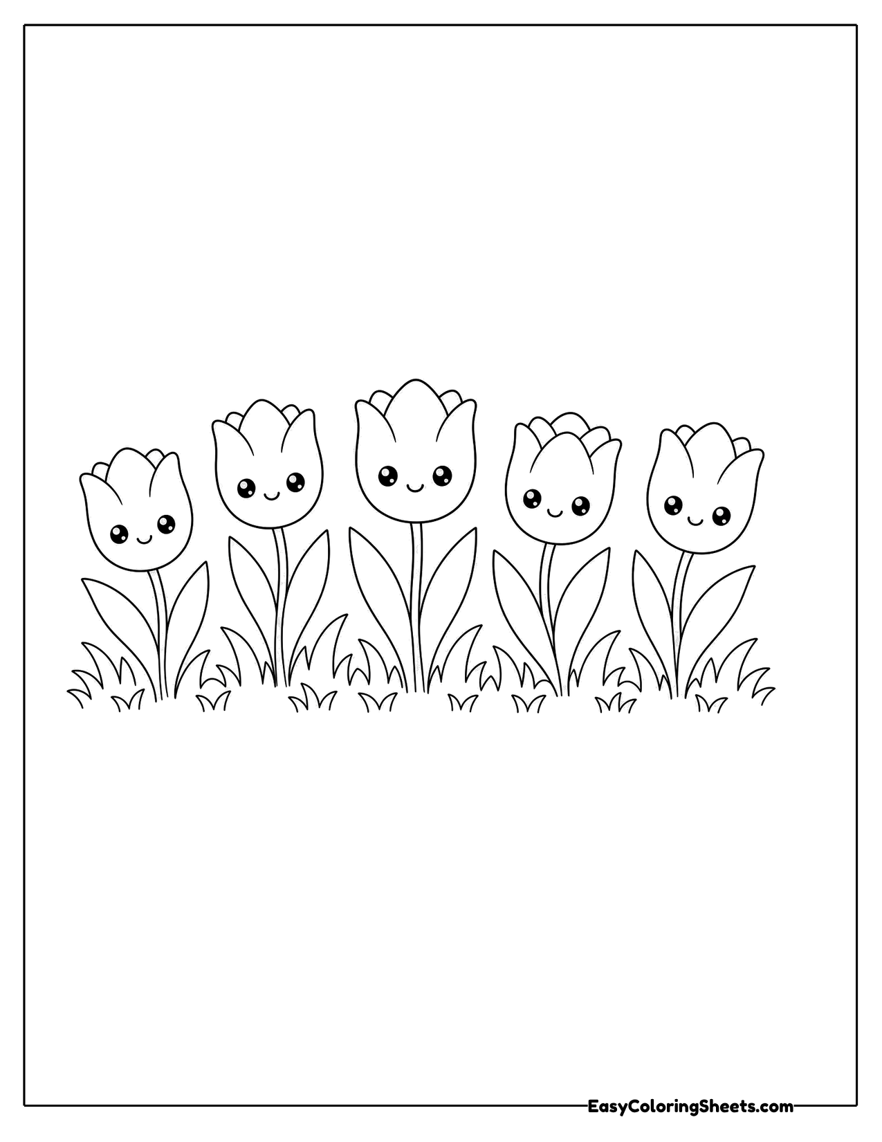Row of smiling tulips in a little garden