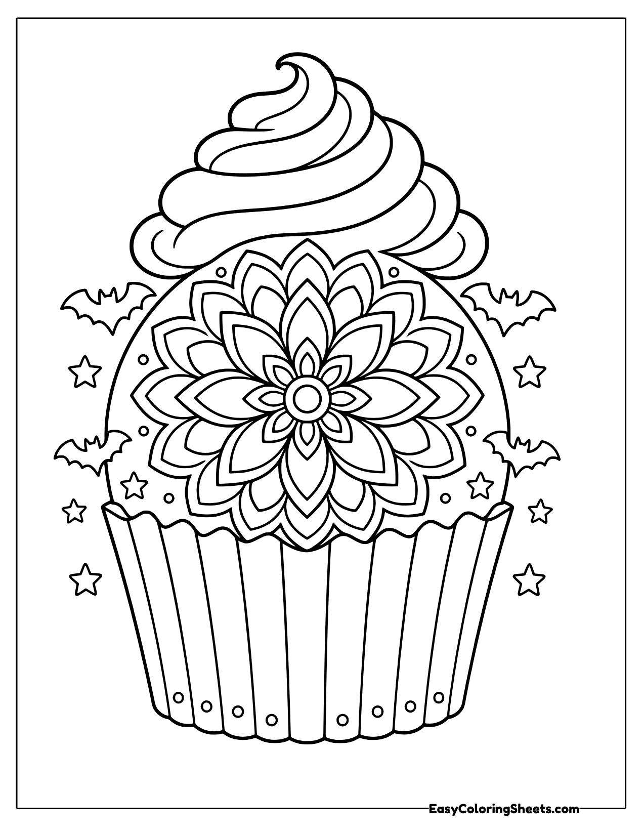Cupcake mandala with swirled frosting, a flower pattern, pleated liner and bats
