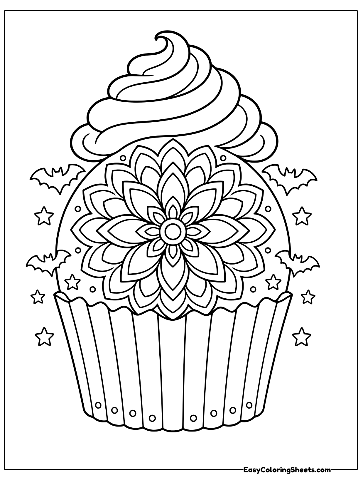 A tall cupcake with a swirly frosting peak hides a big flower mandala inside its rounded top.