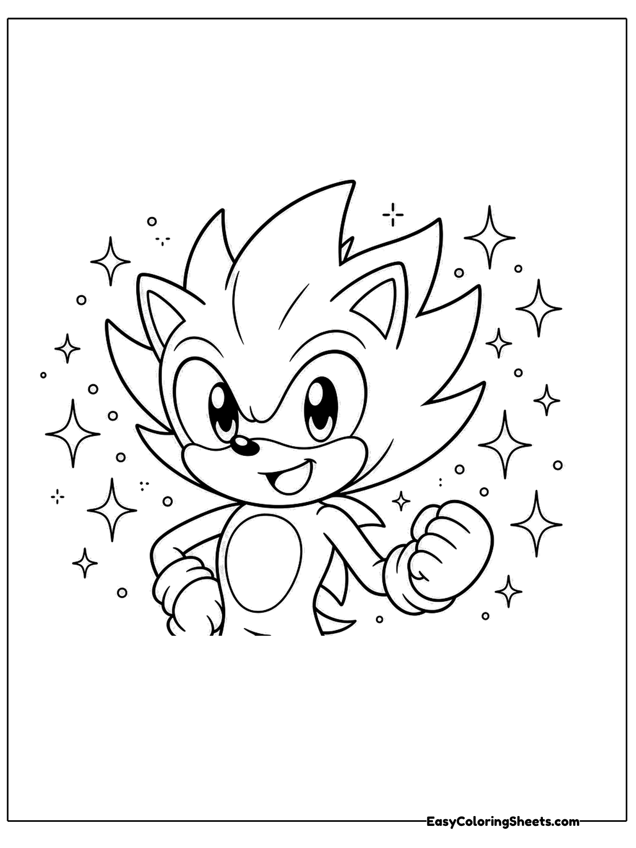A spiky hedgehog with upswept quills grins confidently while little stars and sparkles twinkle all around him.