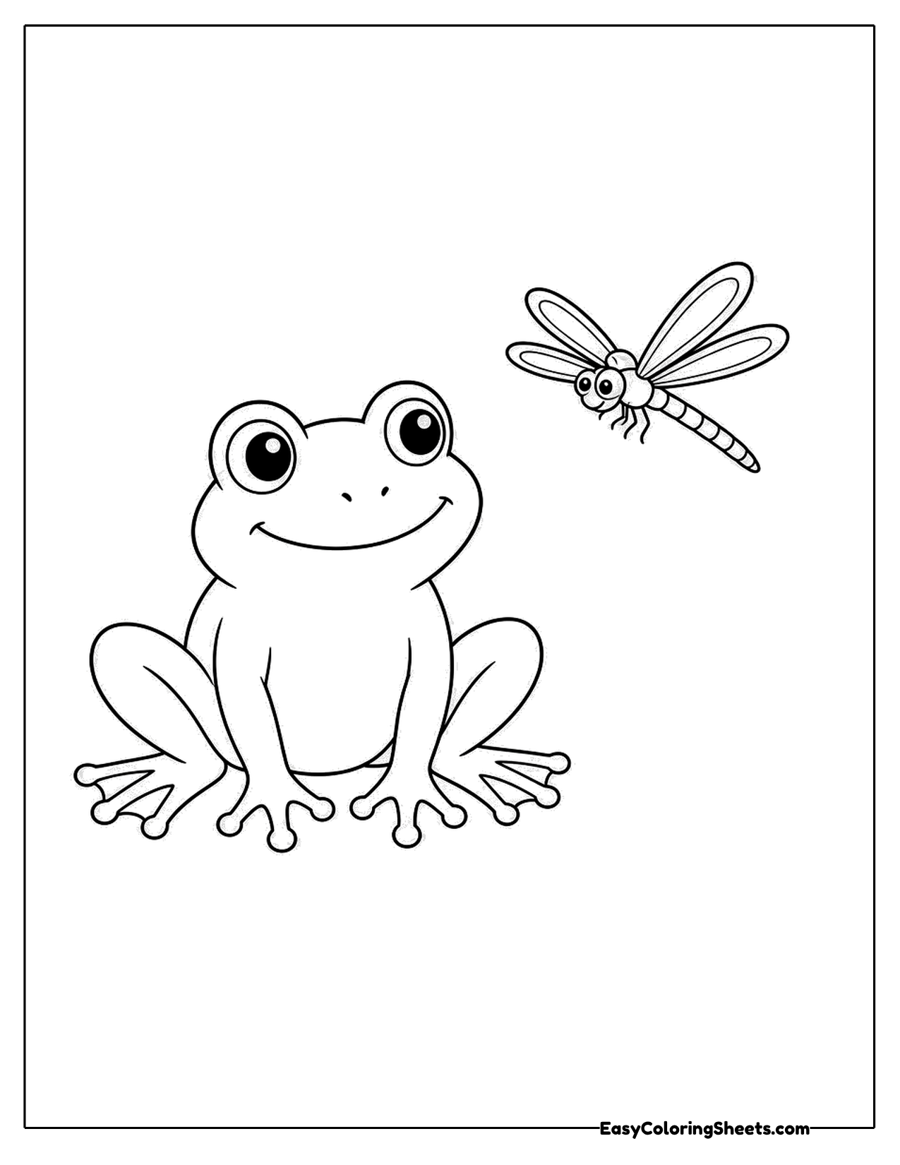 Smiling frog sitting below a dragonfly with long wings
