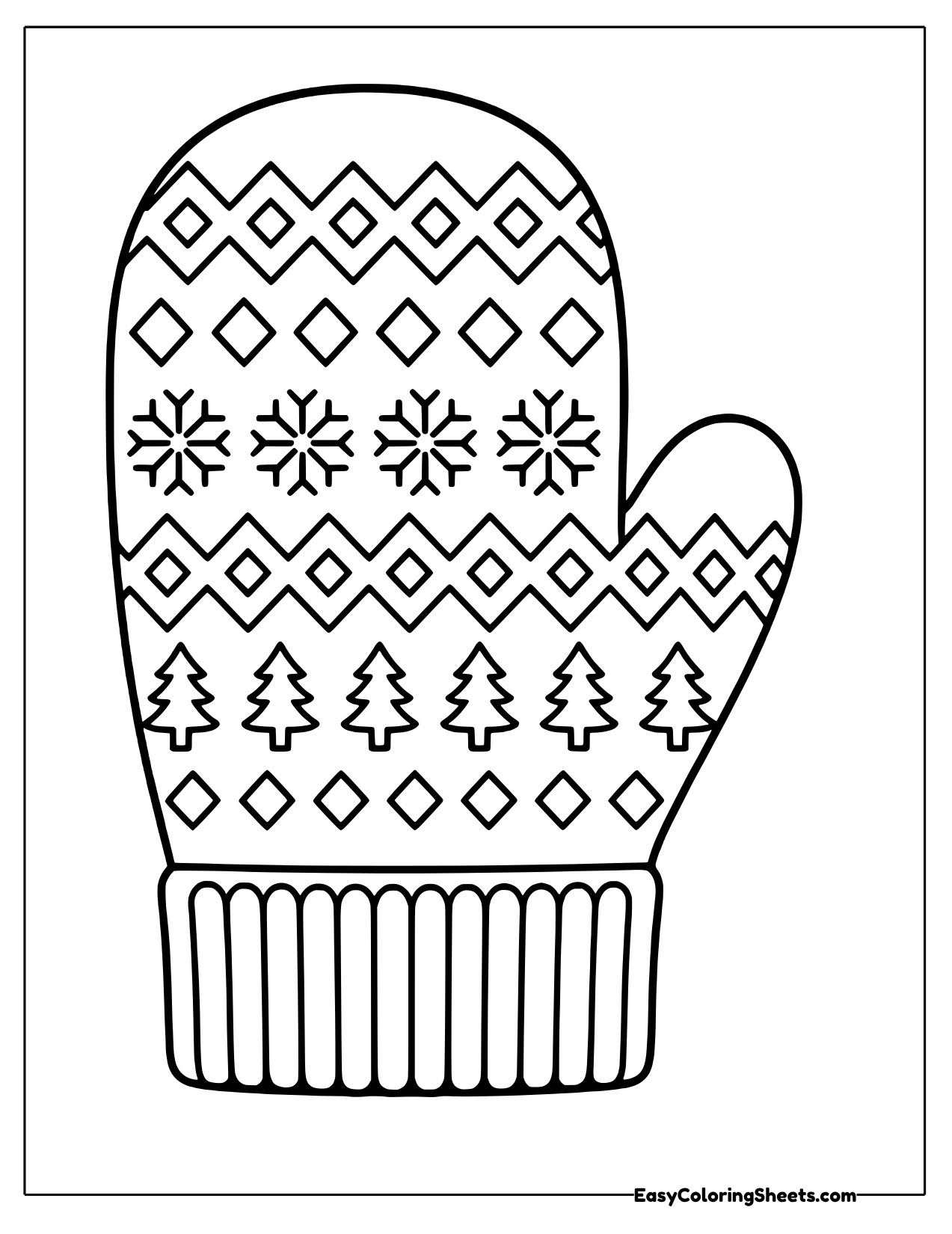 Mitten with a fair isle pattern of trees