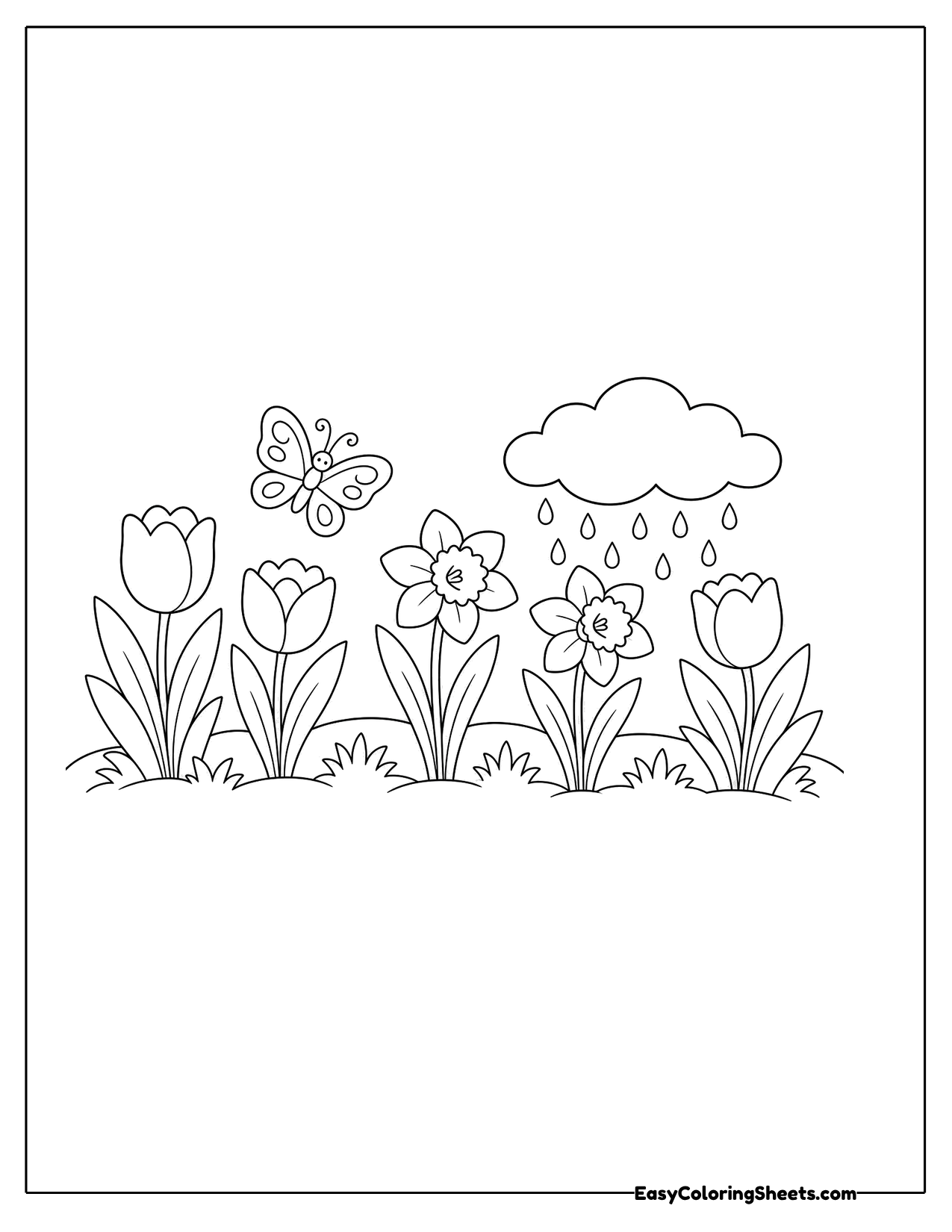 Spring garden with tulips, cloud and butterfly