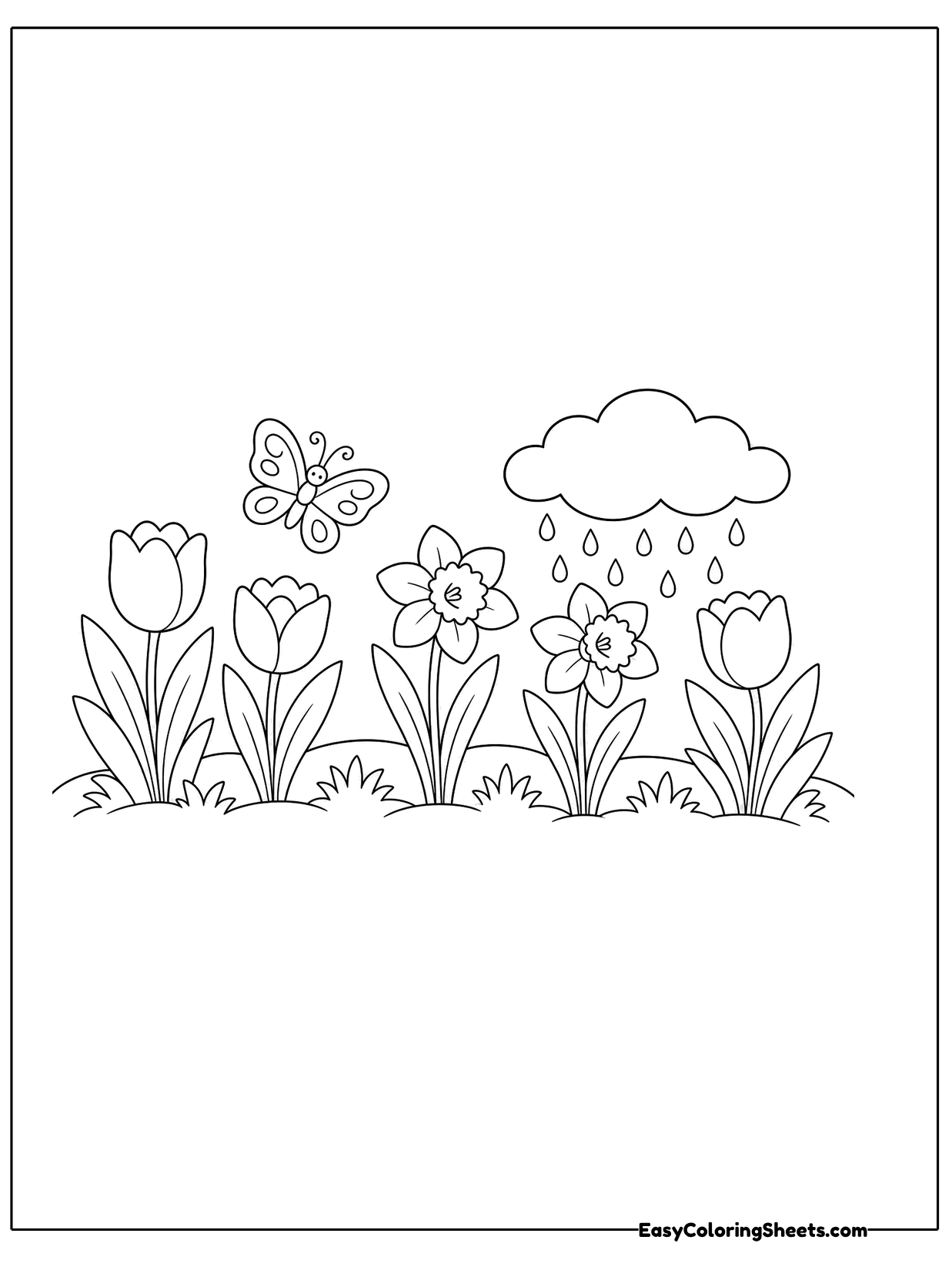 A row of tulips and spring flowers grows under a rain cloud while a butterfly flutters nearby.