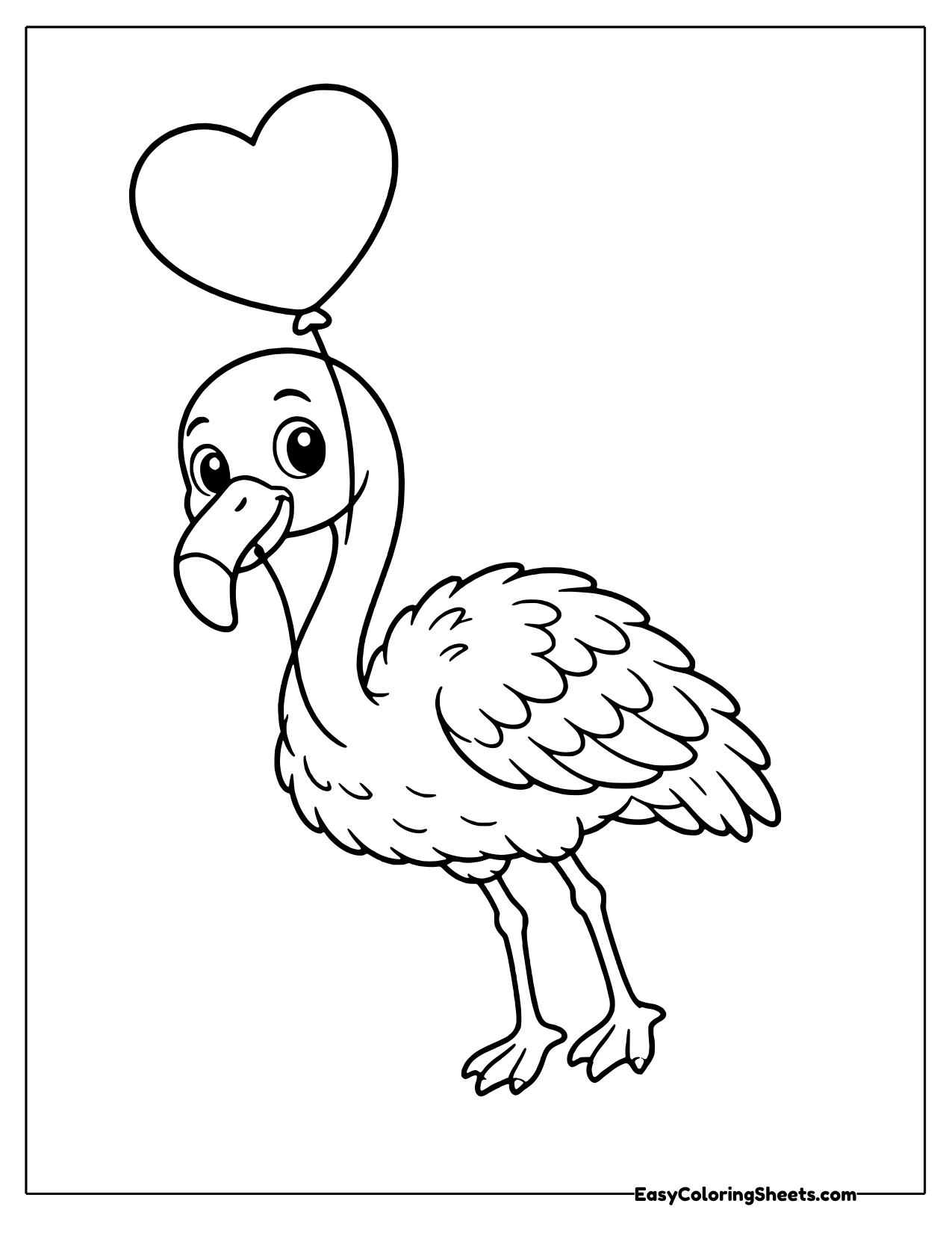 Flamingo holding a heart balloon on a string
