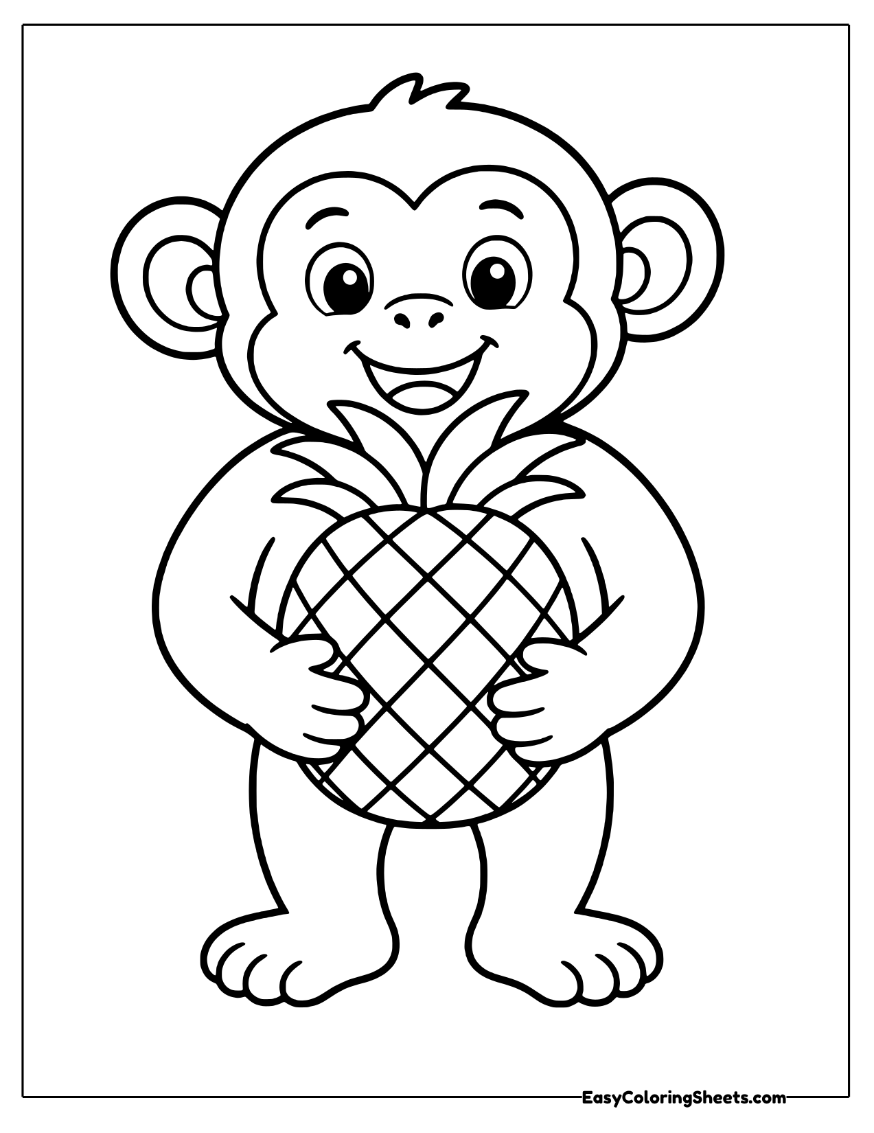 Smiling monkey standing and hugging a whole pineapple