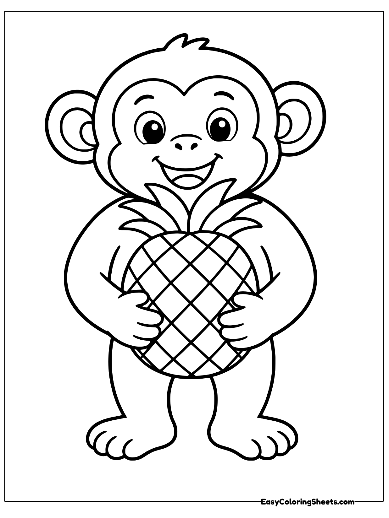 A grinning monkey stands on two feet and hugs a whole pineapple close to its chest.