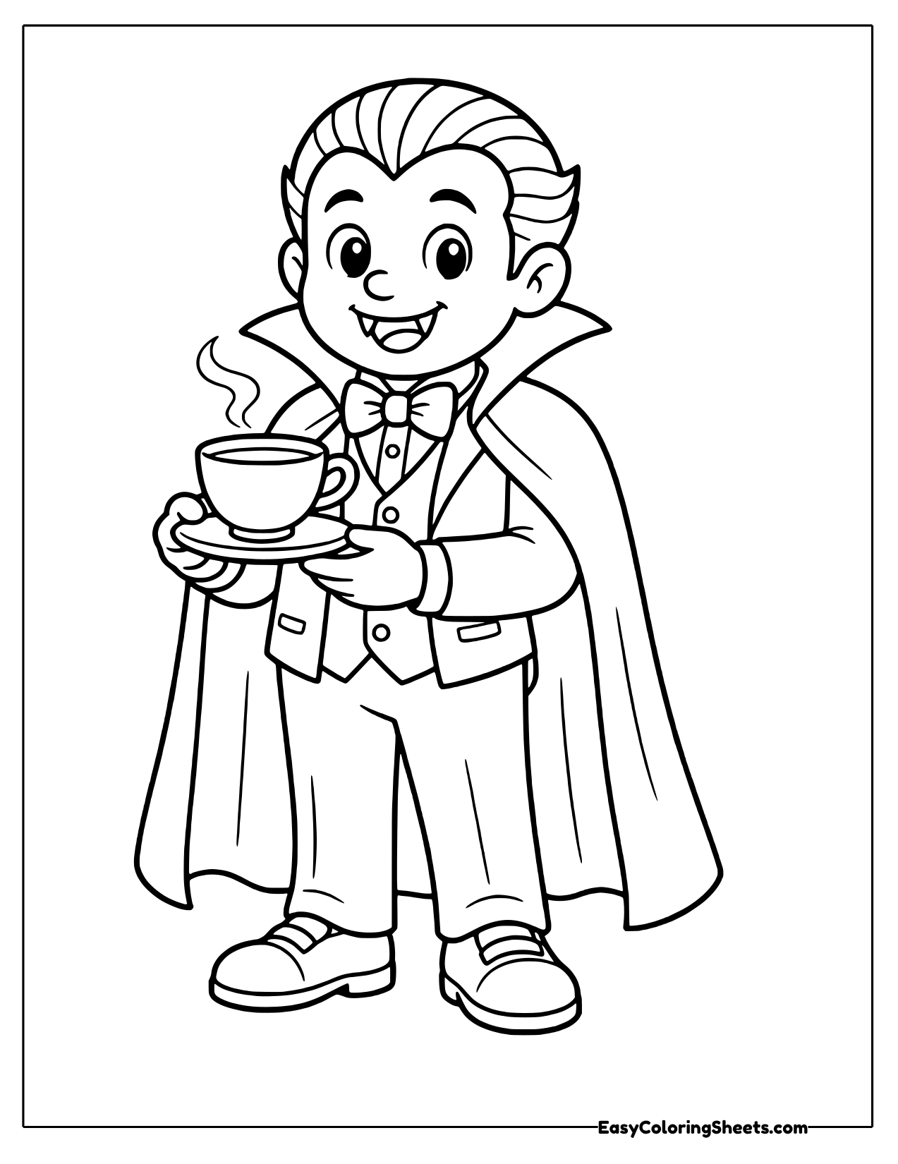 Vampire boy holding a steaming teacup