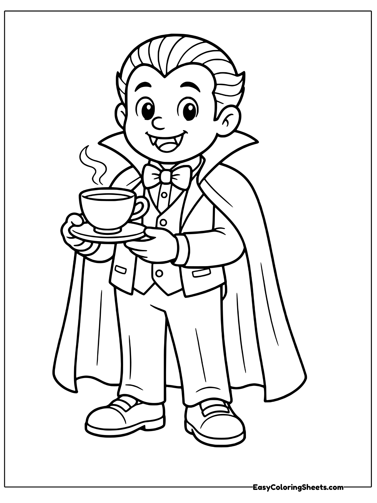 A polite vampire boy holds a teacup with steam curling up from it, his cape wrapped around his shoulders.