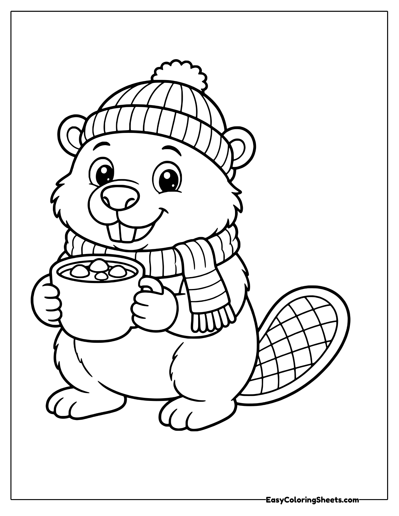 Beaver in a knit hat and scarf holding a mug of hot cocoa