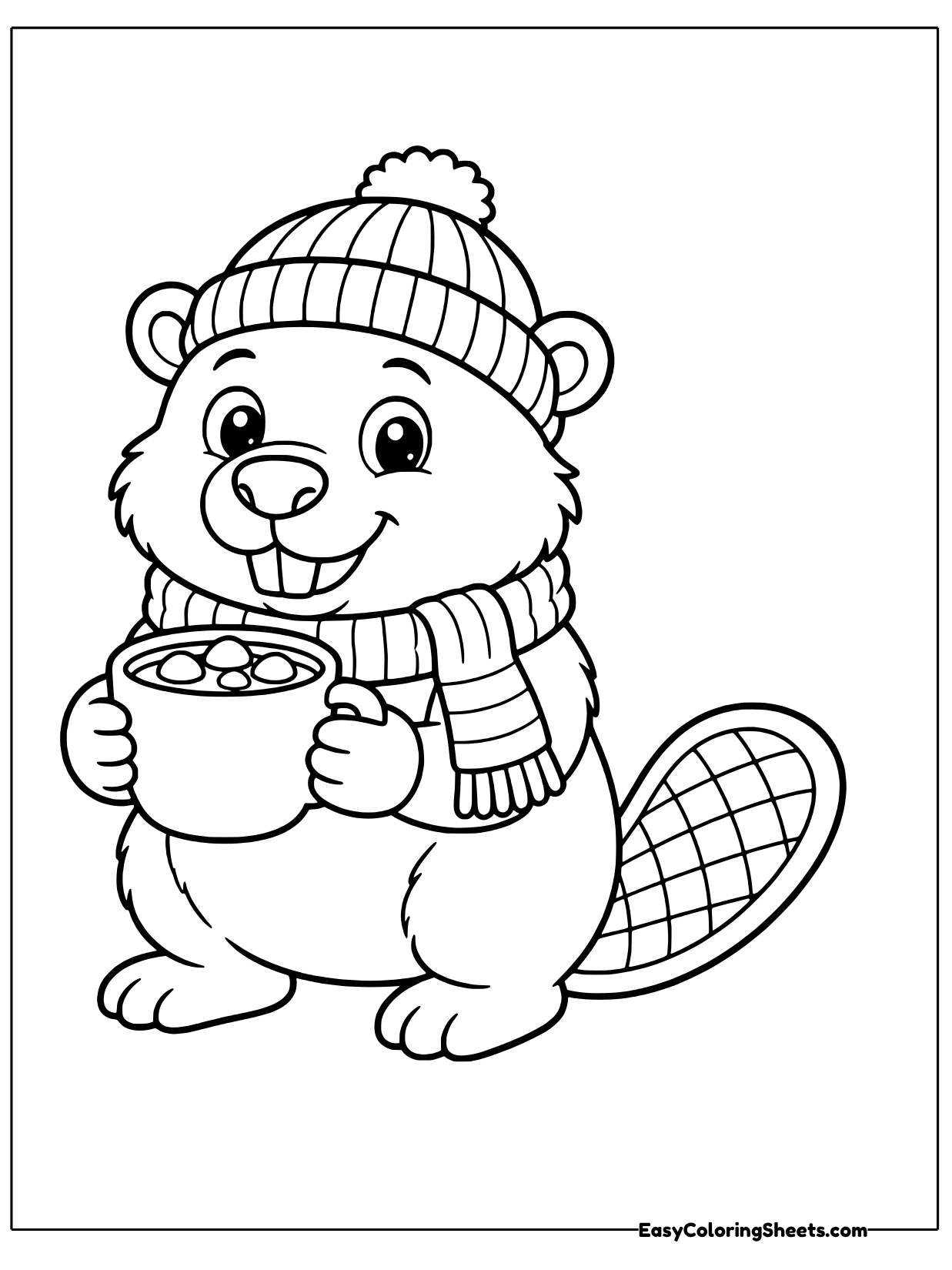 Bundled up for a snowy day, a beaver wears a knit hat with a pom pom and a striped scarf while holding a mug of hot cocoa.