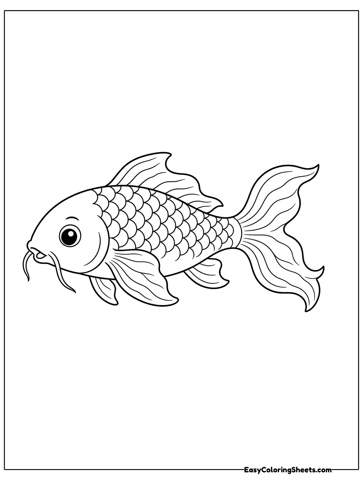 A koi swims sideways with long flowing fins and a feathery tail spreading behind it.